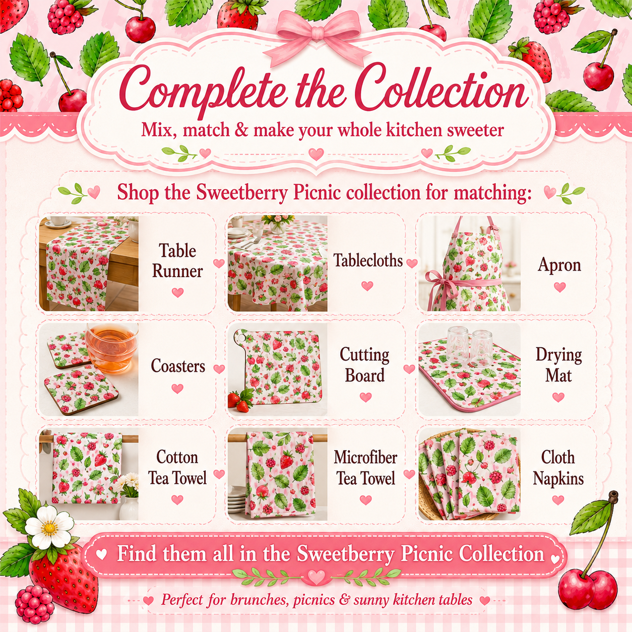 Sweetberry Summer Strawberry & Cherry Table Runner, Available in Two Sizes