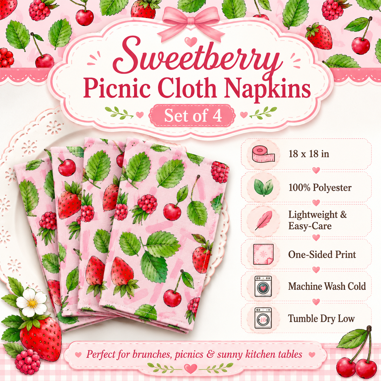 Sweetberry Summer Strawberry & Cherry Cloth Napkins — Set of 4