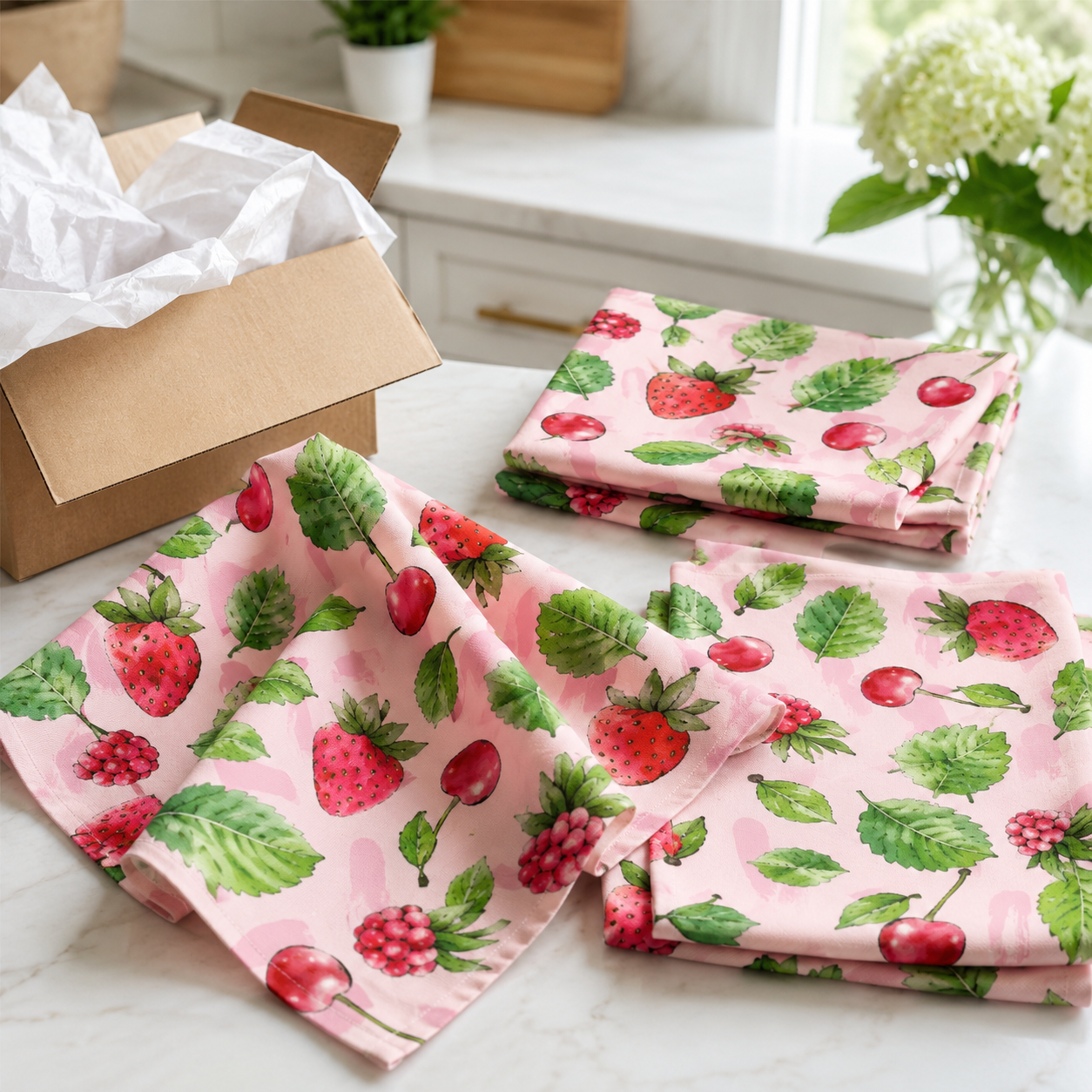 Sweetberry Summer Strawberry & Cherry Cloth Napkins — Set of 4