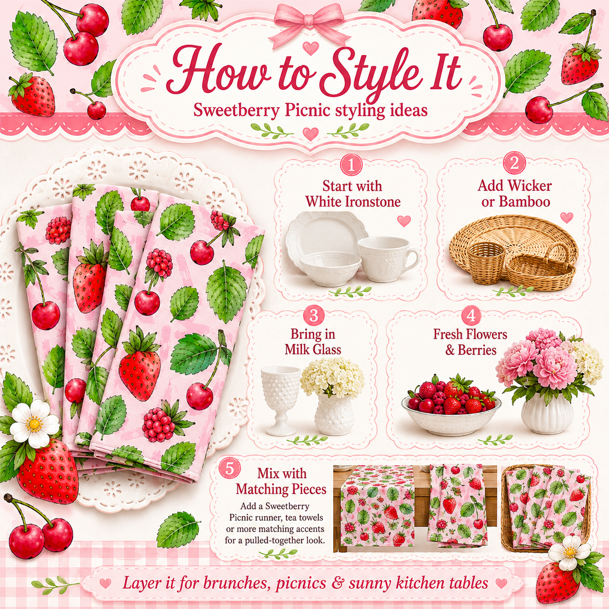 Sweetberry Summer Strawberry & Cherry Cloth Napkins — Set of 4