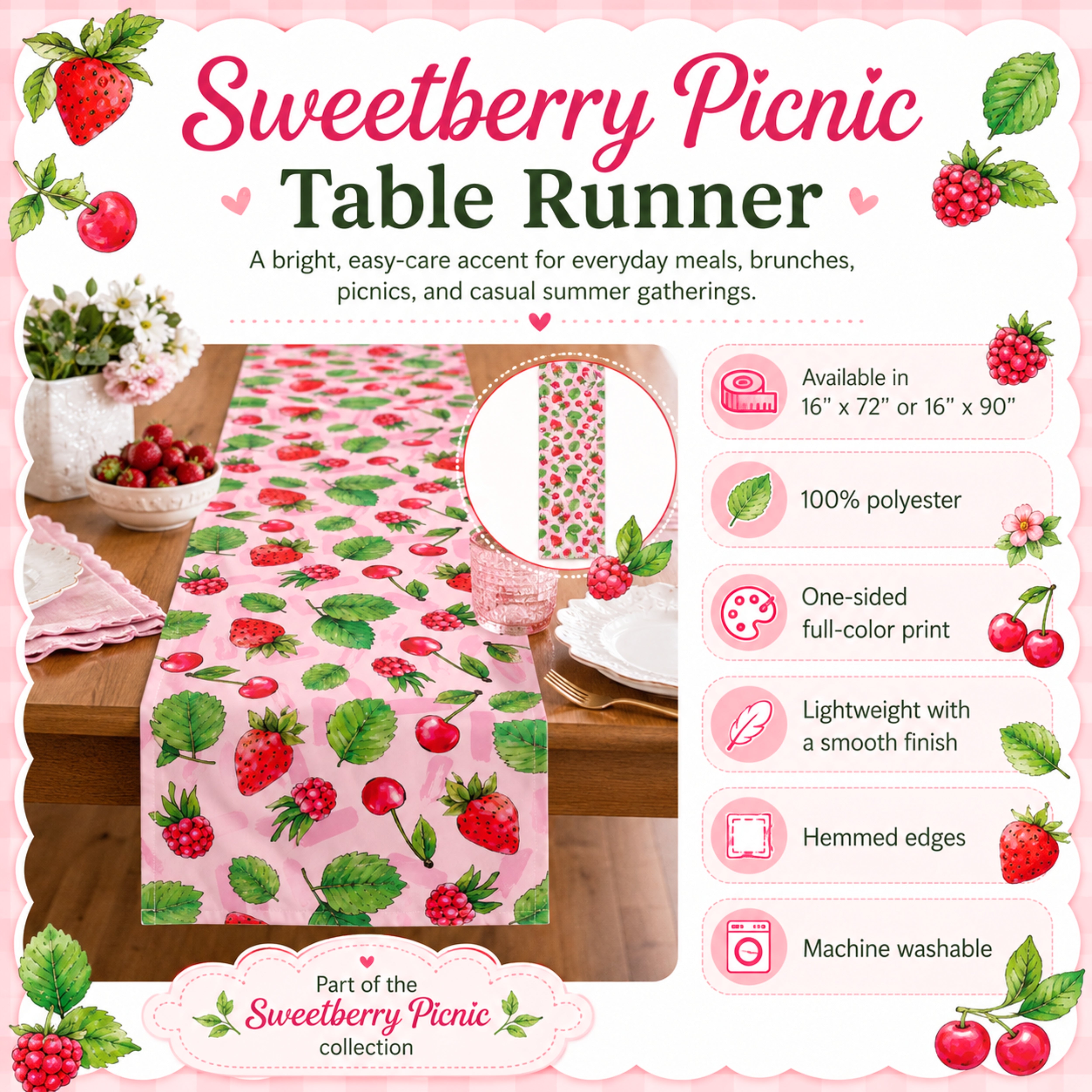 Sweetberry Summer Strawberry & Cherry Table Runner, Available in Two Sizes