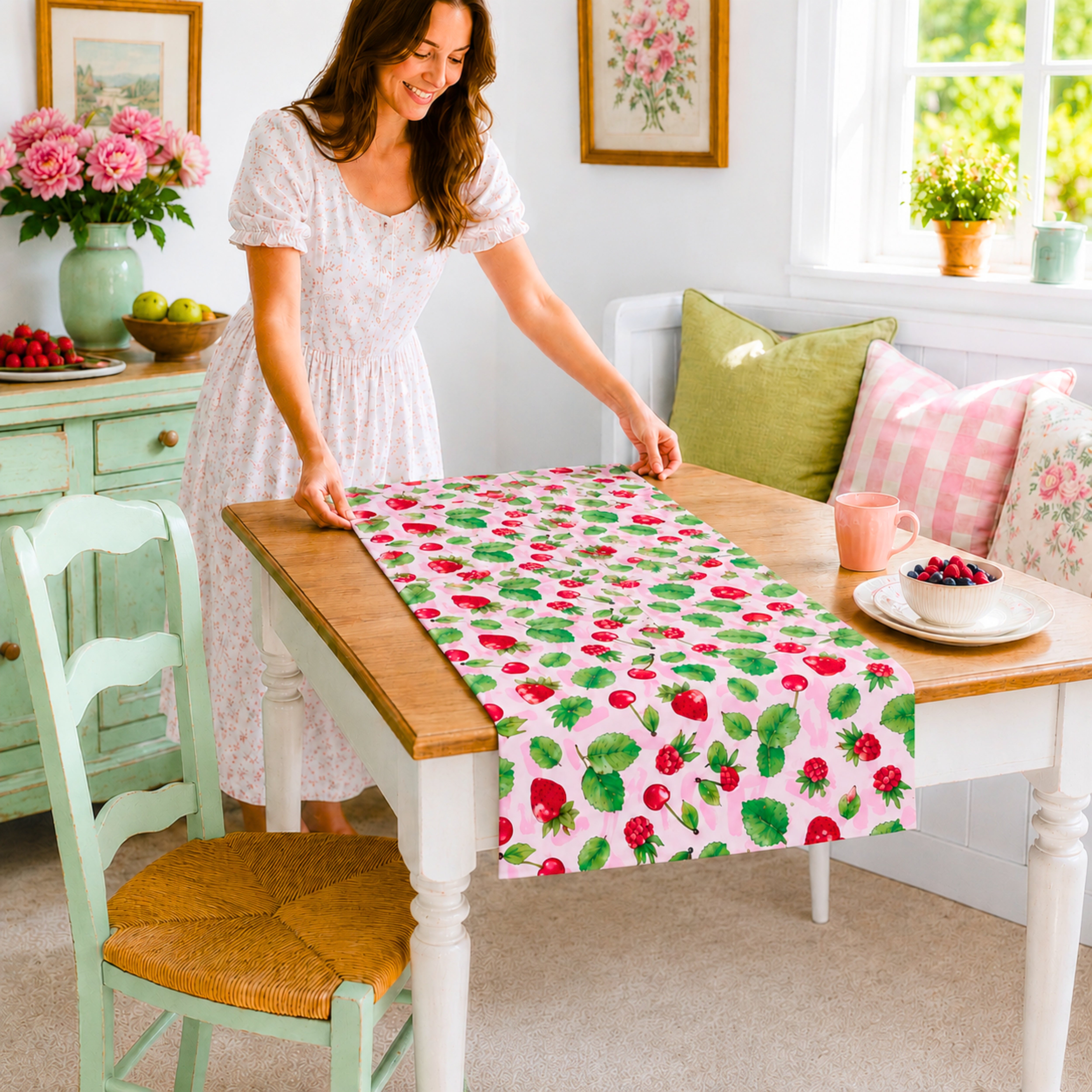 Sweetberry Summer Strawberry & Cherry Table Runner, Available in Two Sizes
