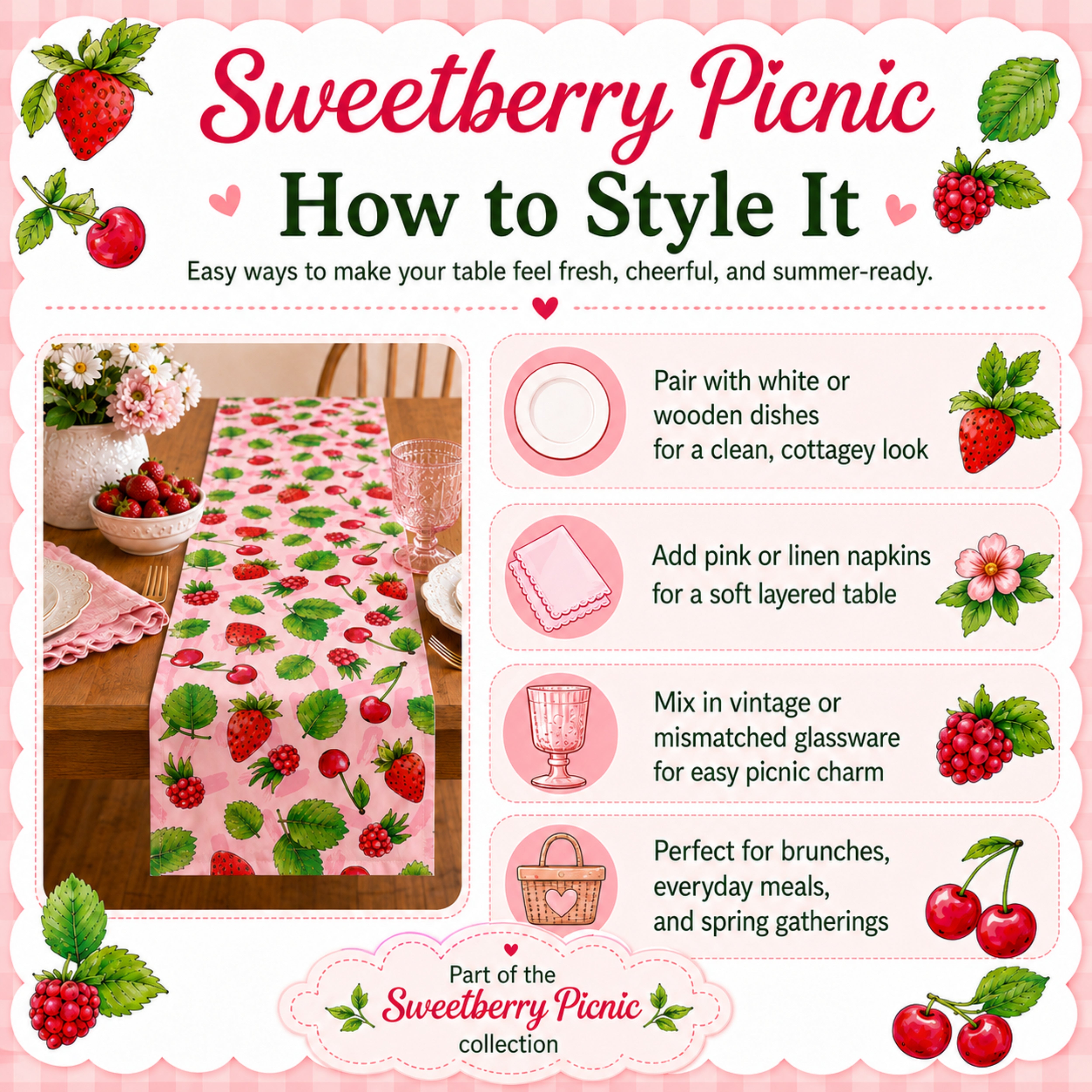 Sweetberry Summer Strawberry & Cherry Table Runner, Available in Two Sizes