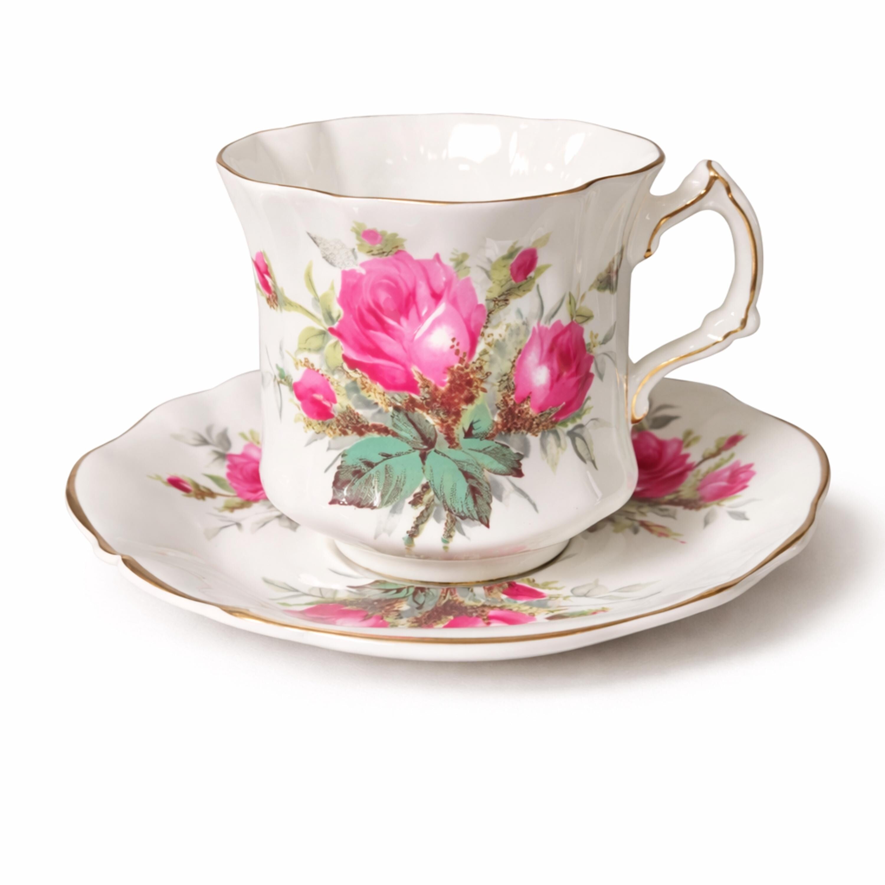 Teacup and saucer with floral design on a white background