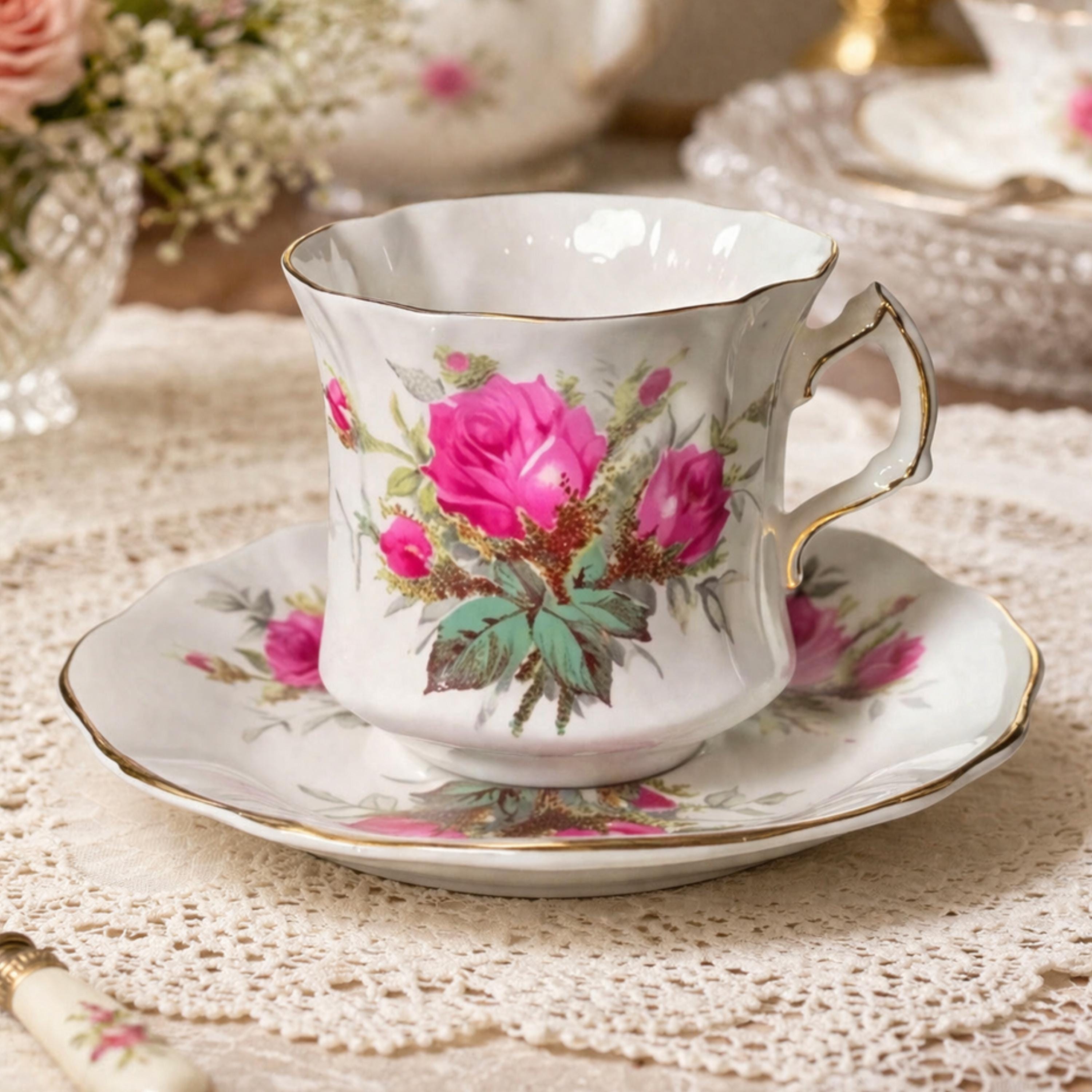 Floral teacup and saucer set on a lace tablecloth