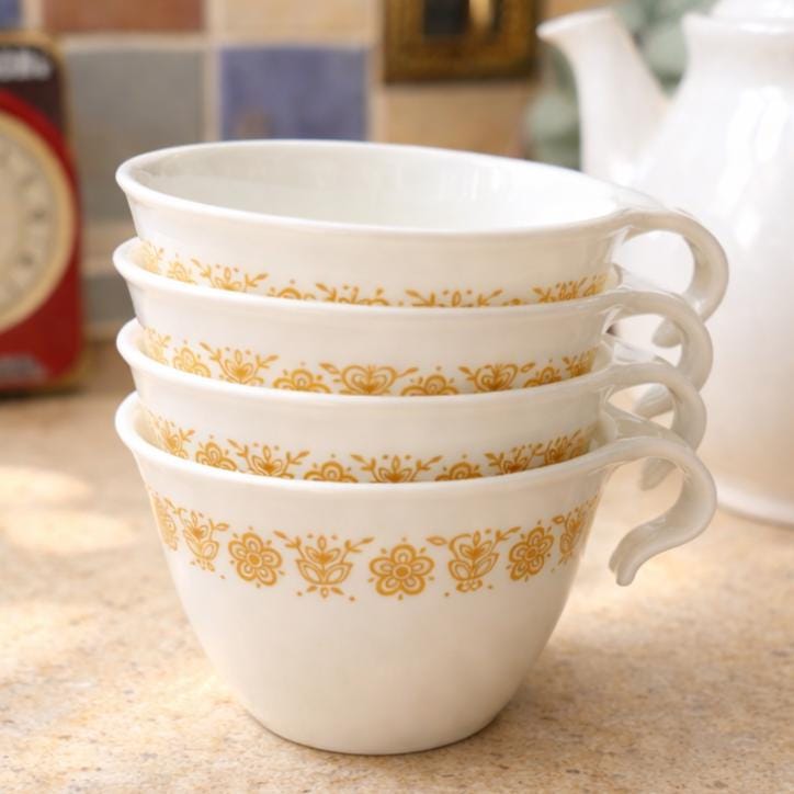 Vintage 1970s Corelle Butterfly Gold Retro Coffee Cups Brown Floral USA Made Dishes