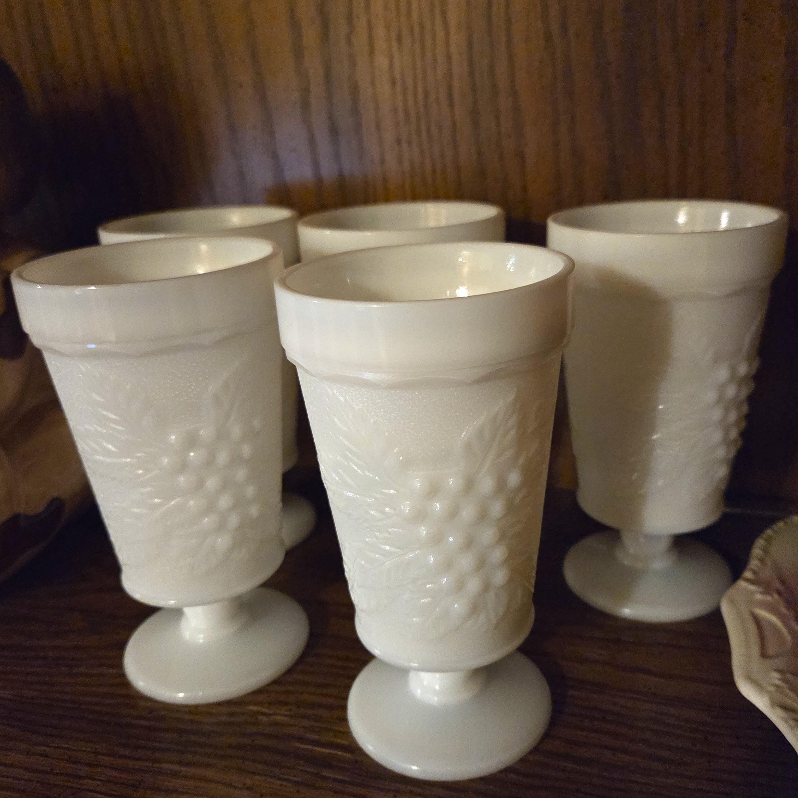 Vintage Milk Glass Goblets Set of 5 Pedestal Wine Water Glasses Grape Vine Pattern