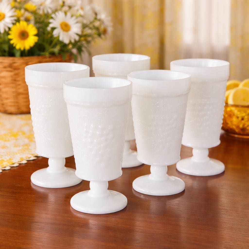Vintage Milk Glass Goblets Set of 5 Pedestal Wine Water Glasses Grape Vine Pattern