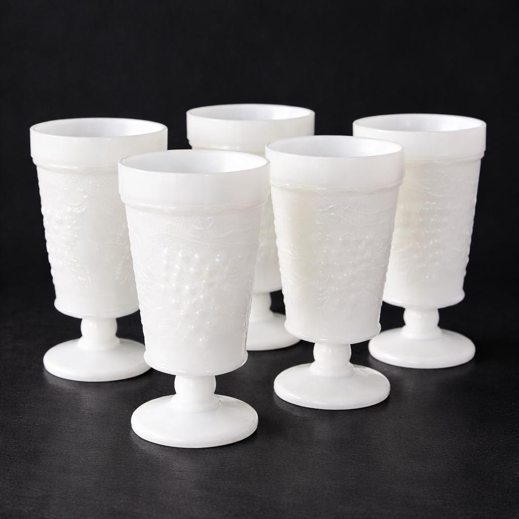 Vintage Milk Glass Goblets Set of 5 Pedestal Wine Water Glasses Grape Vine Pattern