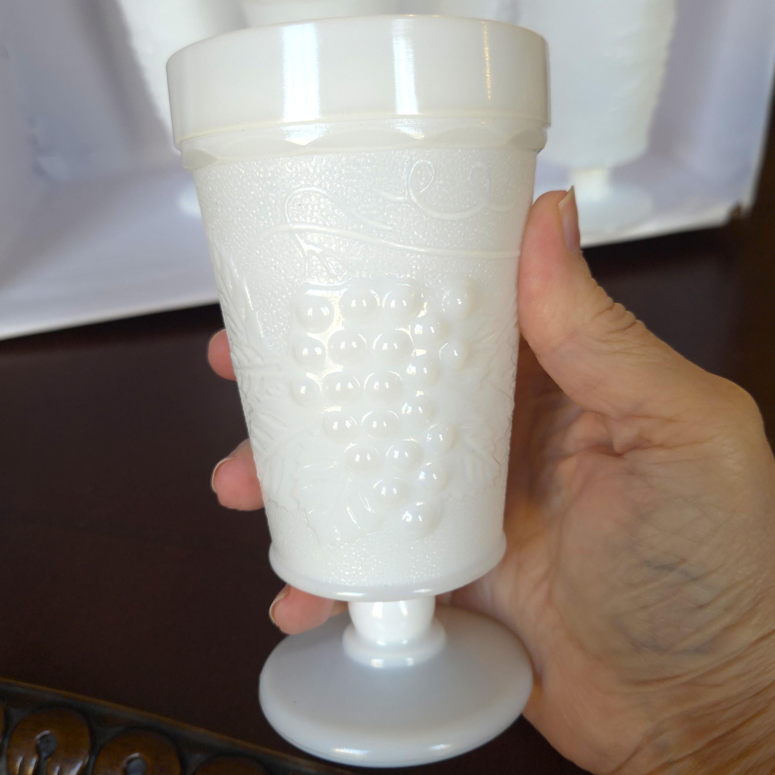 Vintage Milk Glass Goblets Set of 5 Pedestal Wine Water Glasses Grape Vine Pattern