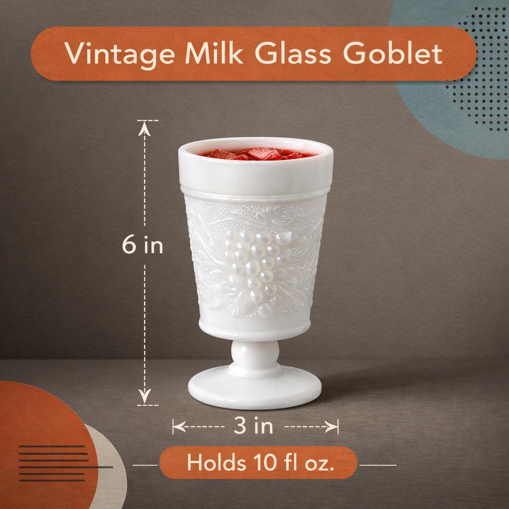 Vintage Milk Glass Goblets Set of 5 Pedestal Wine Water Glasses Grape Vine Pattern