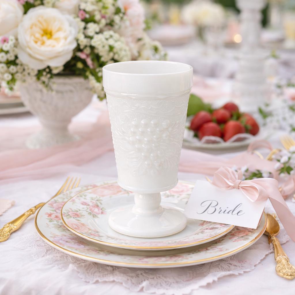 Vintage Milk Glass Goblets Set of 5 Pedestal Wine Water Glasses Grape Vine Pattern