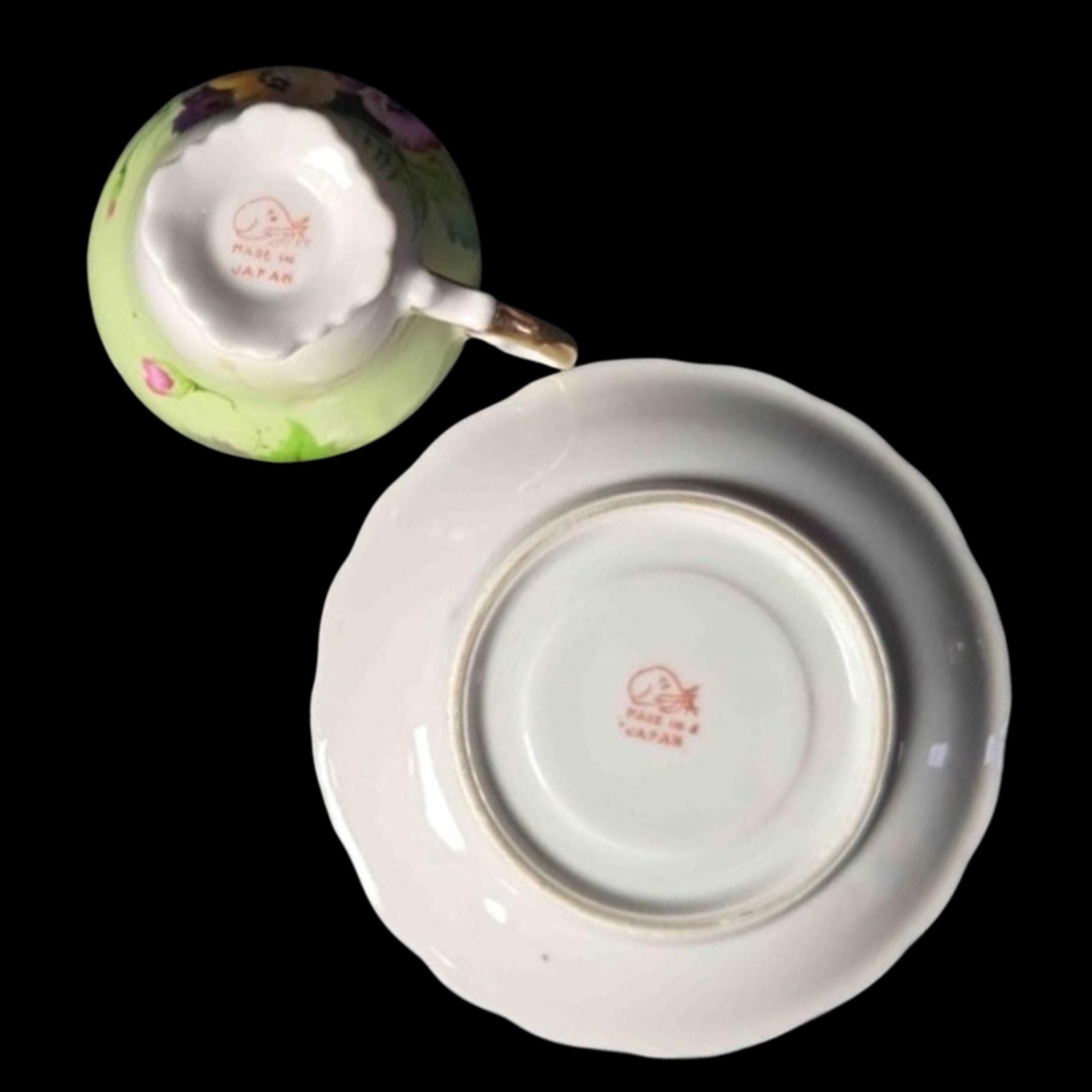 Vintage Japan Hand Painted Floral Teacup and Saucer Green Gold Trim Tea Set