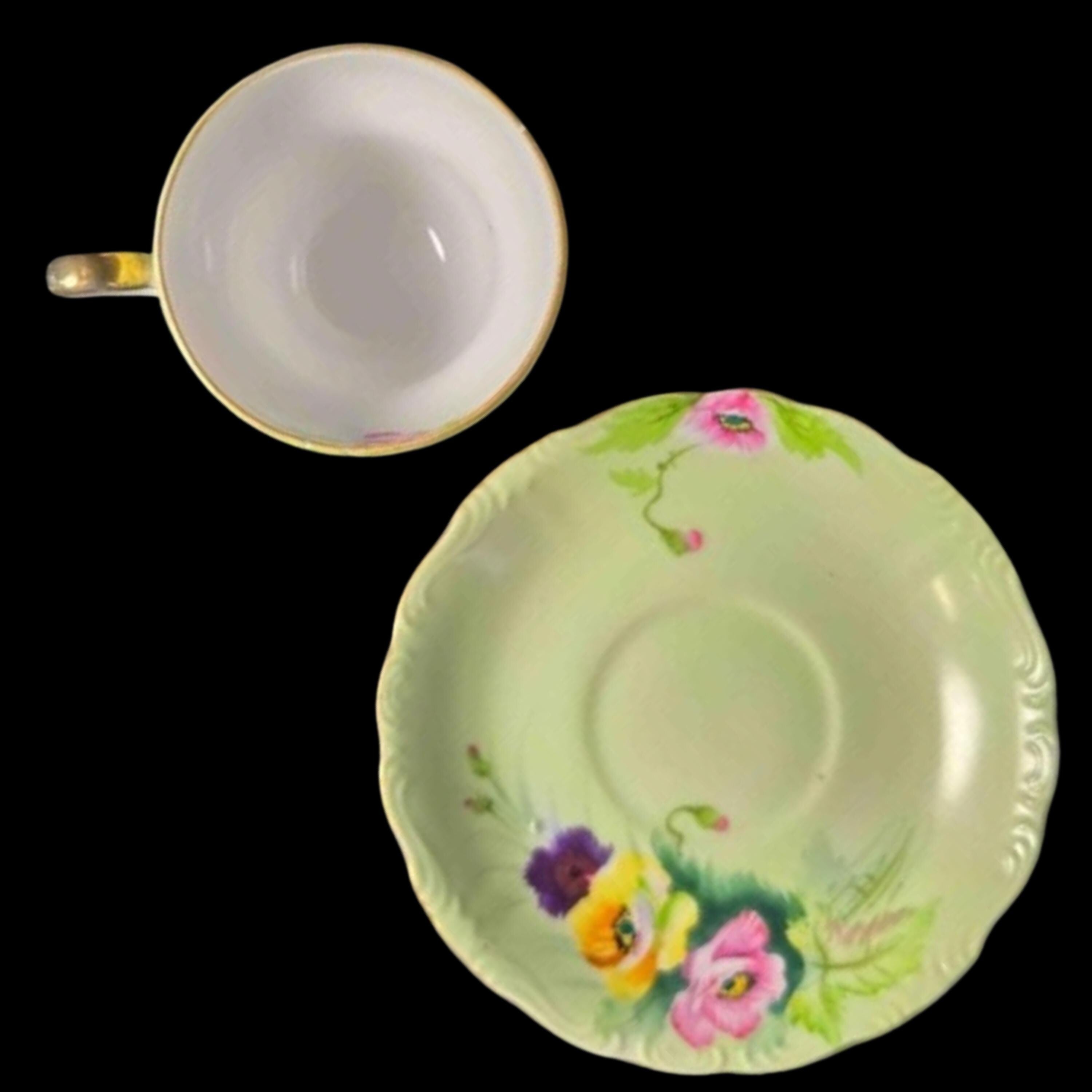 Vintage Japan Hand Painted Floral Teacup and Saucer Green Gold Trim Tea Set