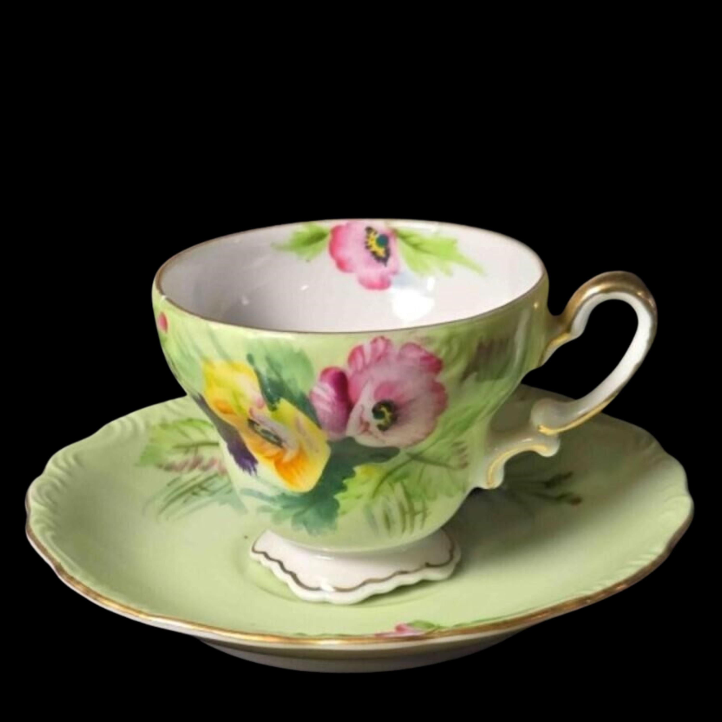 Vintage Japan Hand Painted Floral Teacup and Saucer Green Gold Trim Tea Set