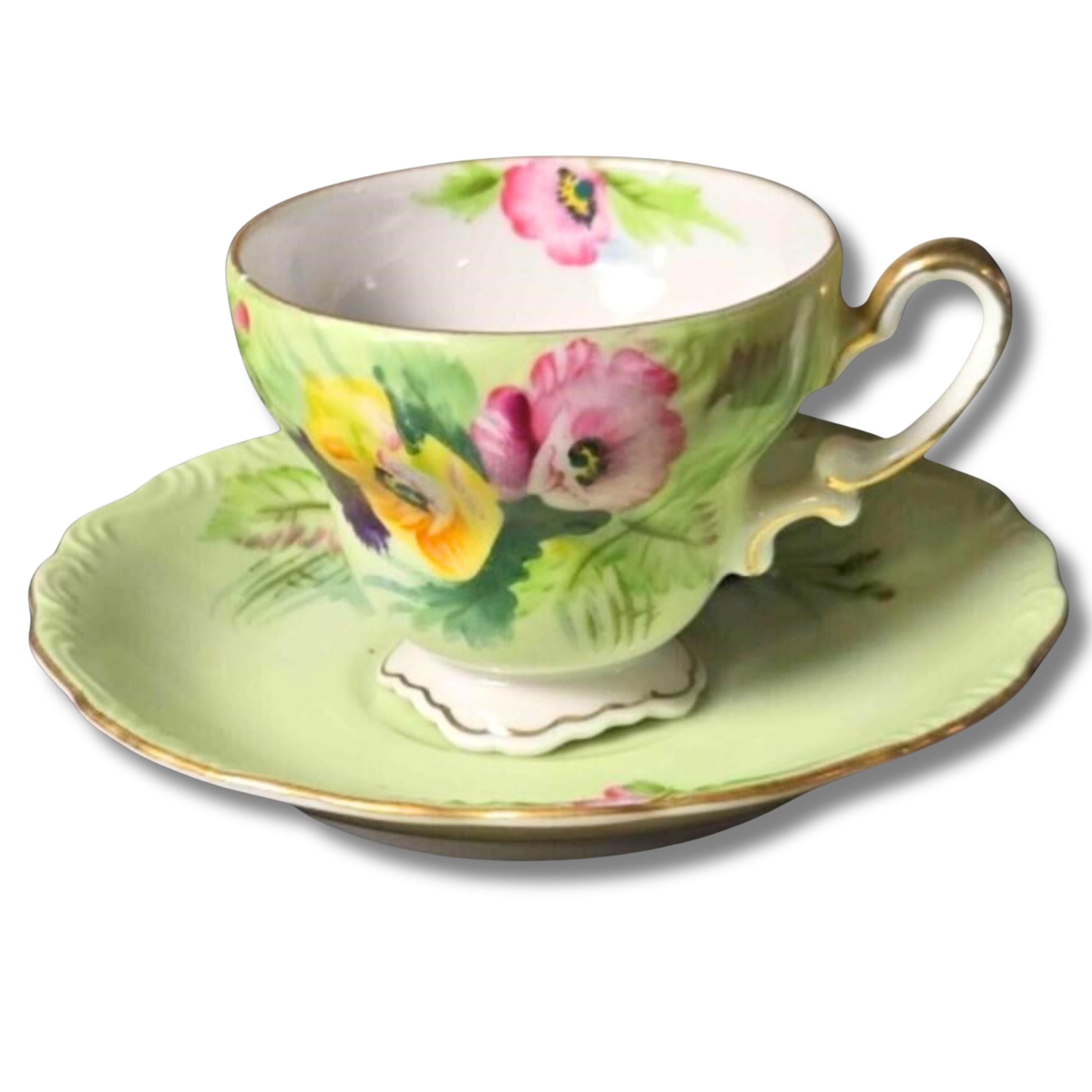 Vintage Japan Hand Painted Floral Teacup and Saucer Green Gold Trim Tea Set