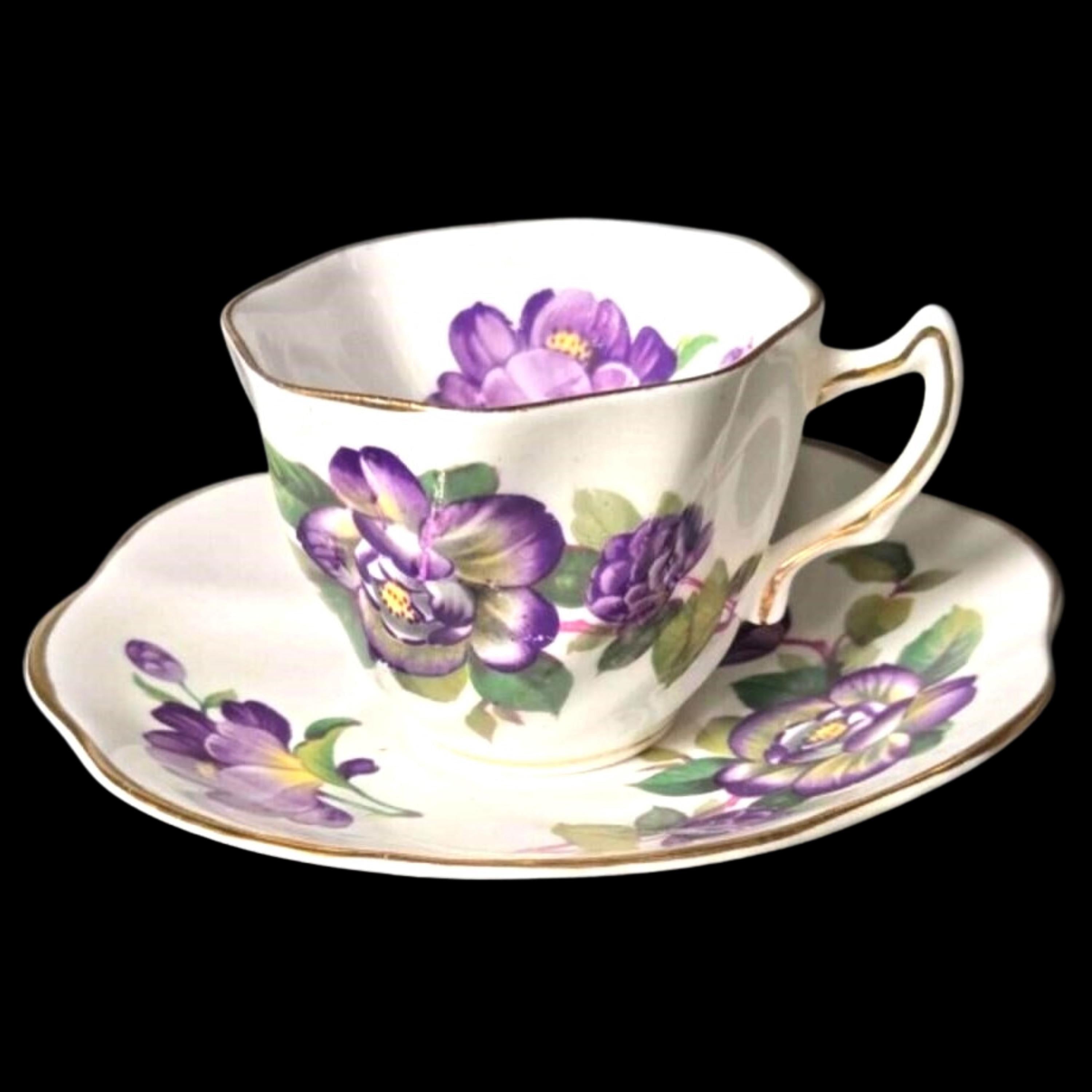 Demitasse Rosina Teacup and Saucer Purple Floral Bone China England Vintage Gold Trim