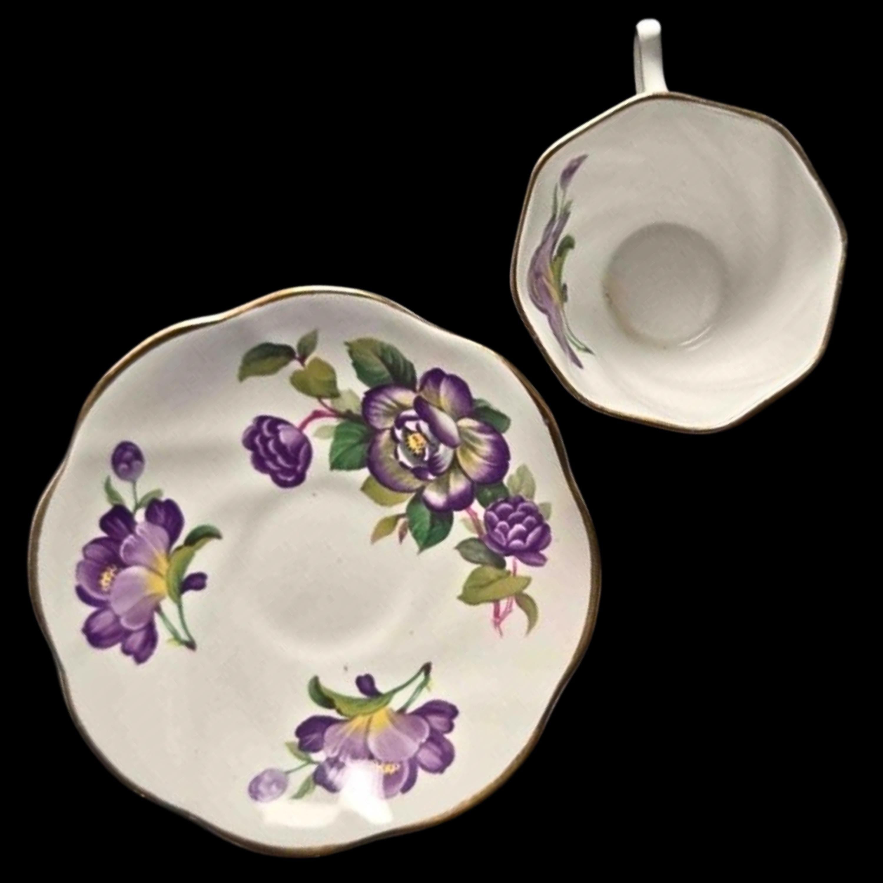 Demitasse Rosina Teacup and Saucer Purple Floral Bone China England Vintage Gold Trim