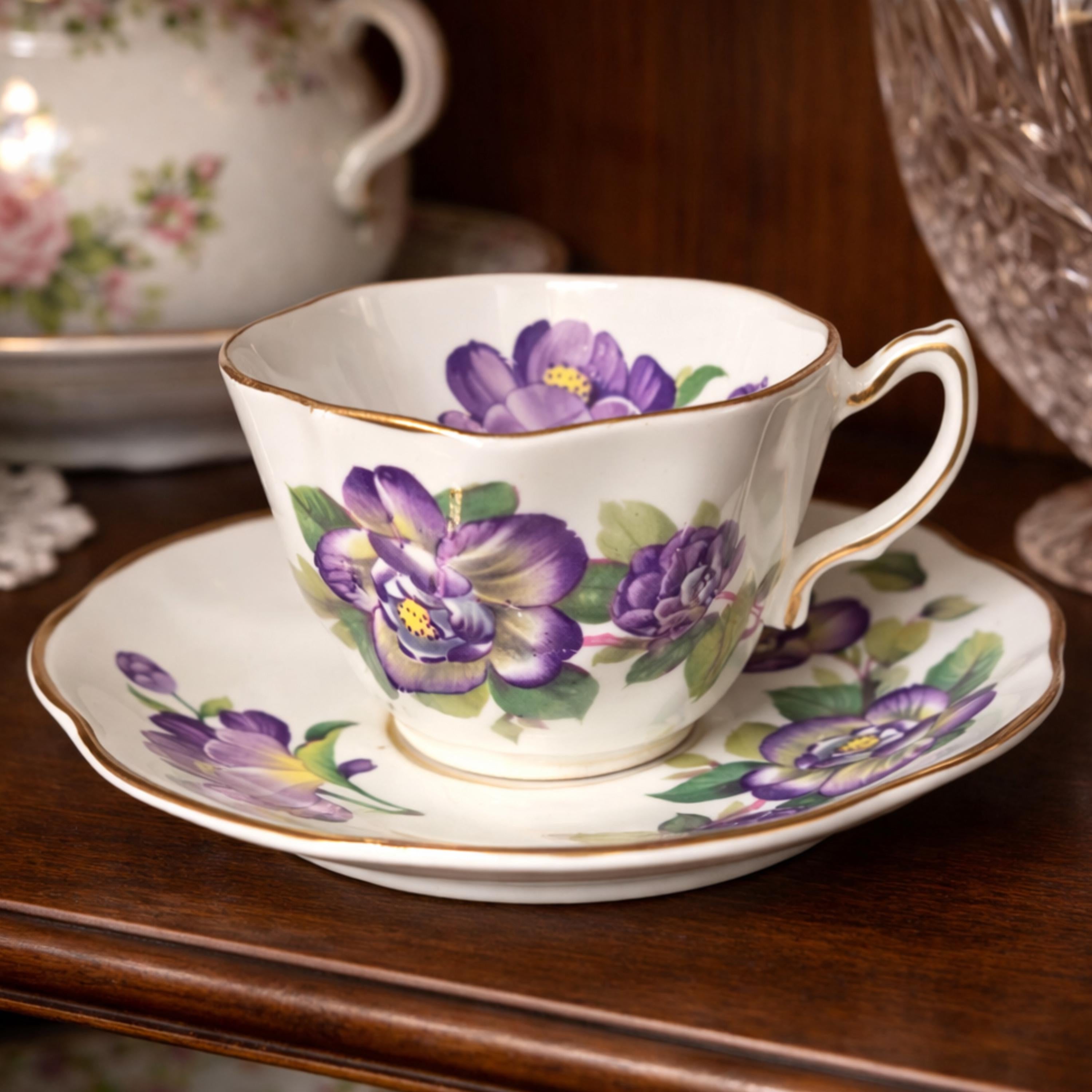 Demitasse Rosina Teacup and Saucer Purple Floral Bone China England Vintage Gold Trim