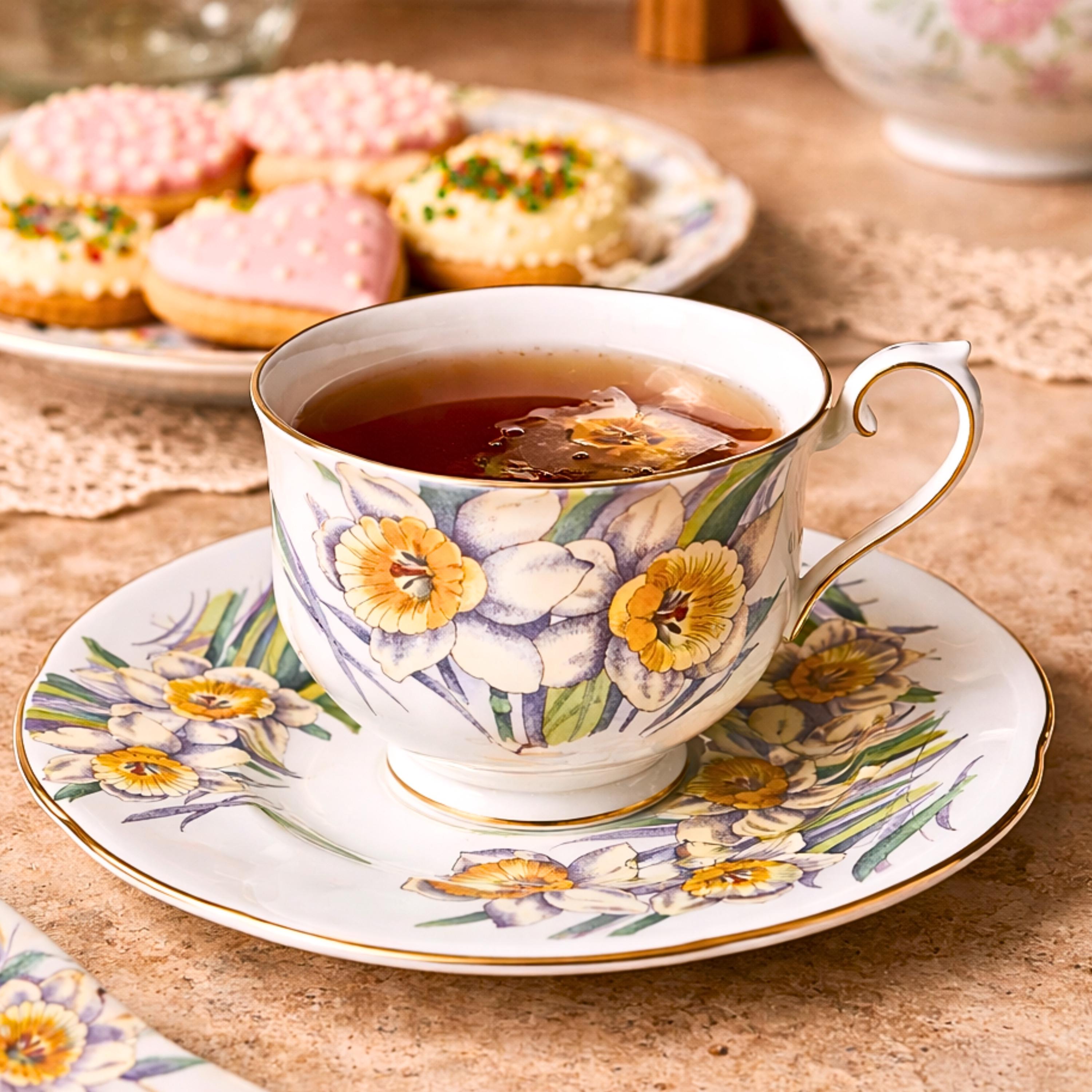 Royal Albert Vintage Teacup Bone China Cup Saucer Plate Set: Daffodil Pattern