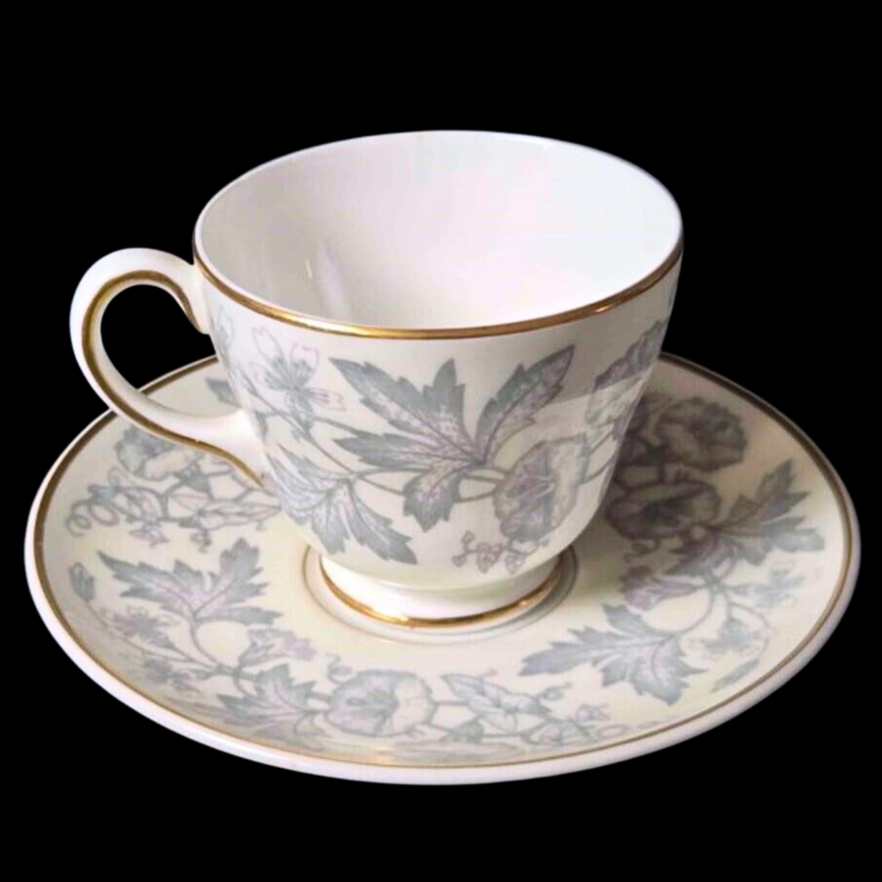Vintage Demitasse Espresso Cup Saucer Wedgwood Wildflower Bone China England Gold Trim Grey Floral