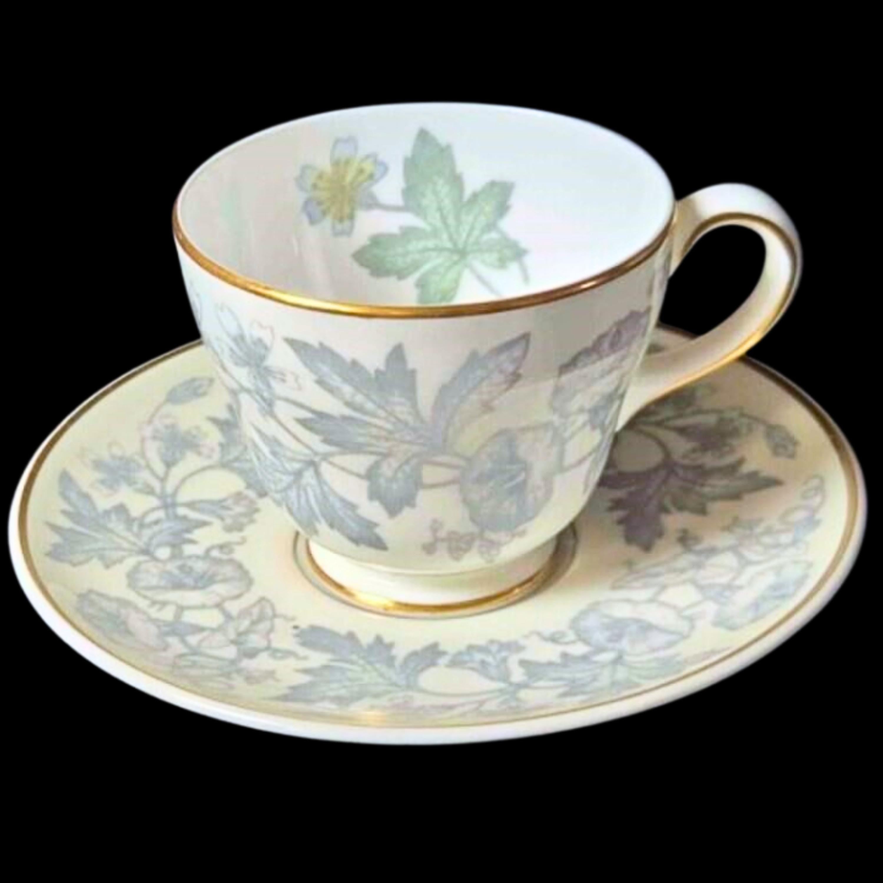 Vintage Demitasse Espresso Cup Saucer Wedgwood Wildflower Bone China England Gold Trim Grey Floral