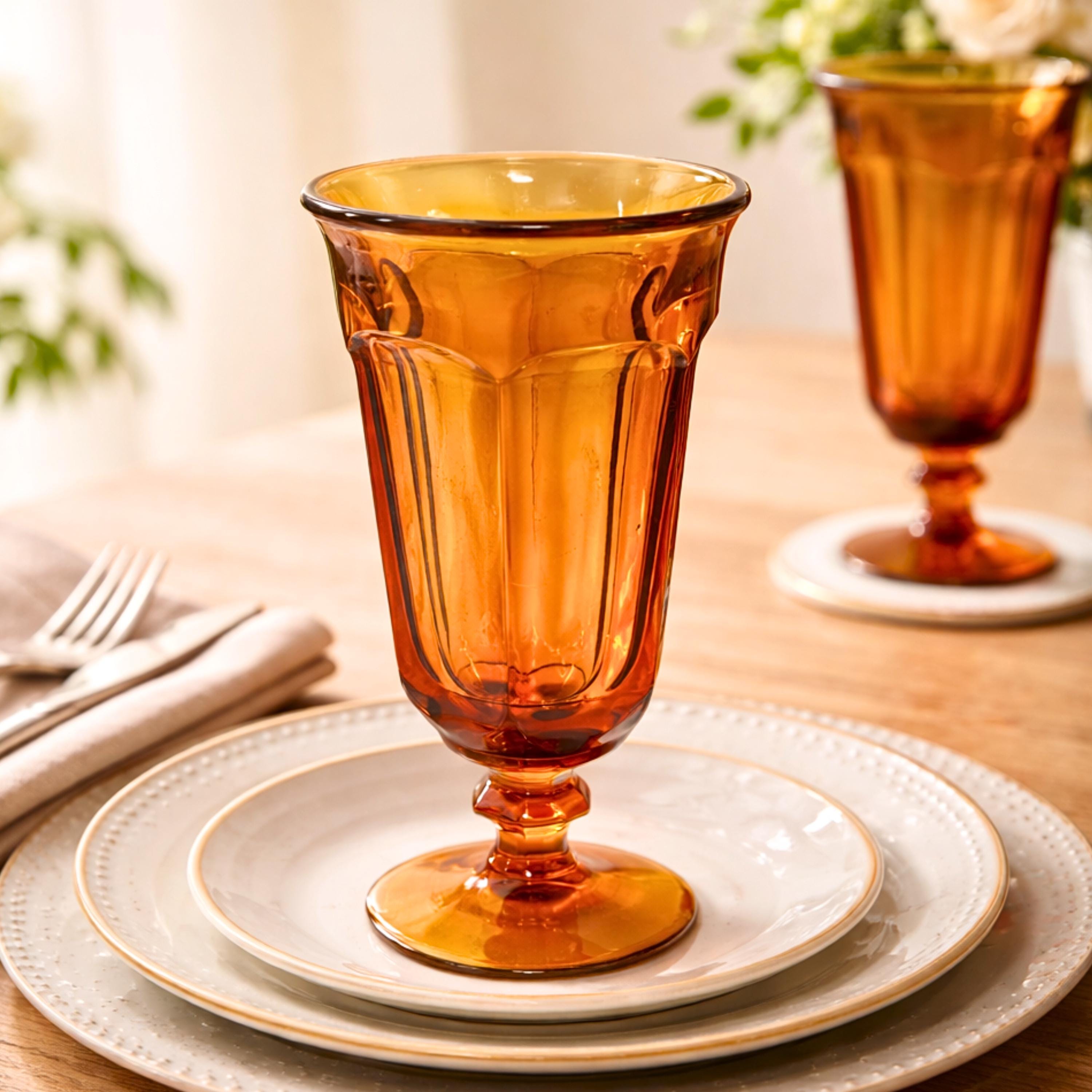 Vintage Amber Goblets Set of 6, Old Williamsburg Glass, 7" Parfait Glasses, Mid-Century Decor