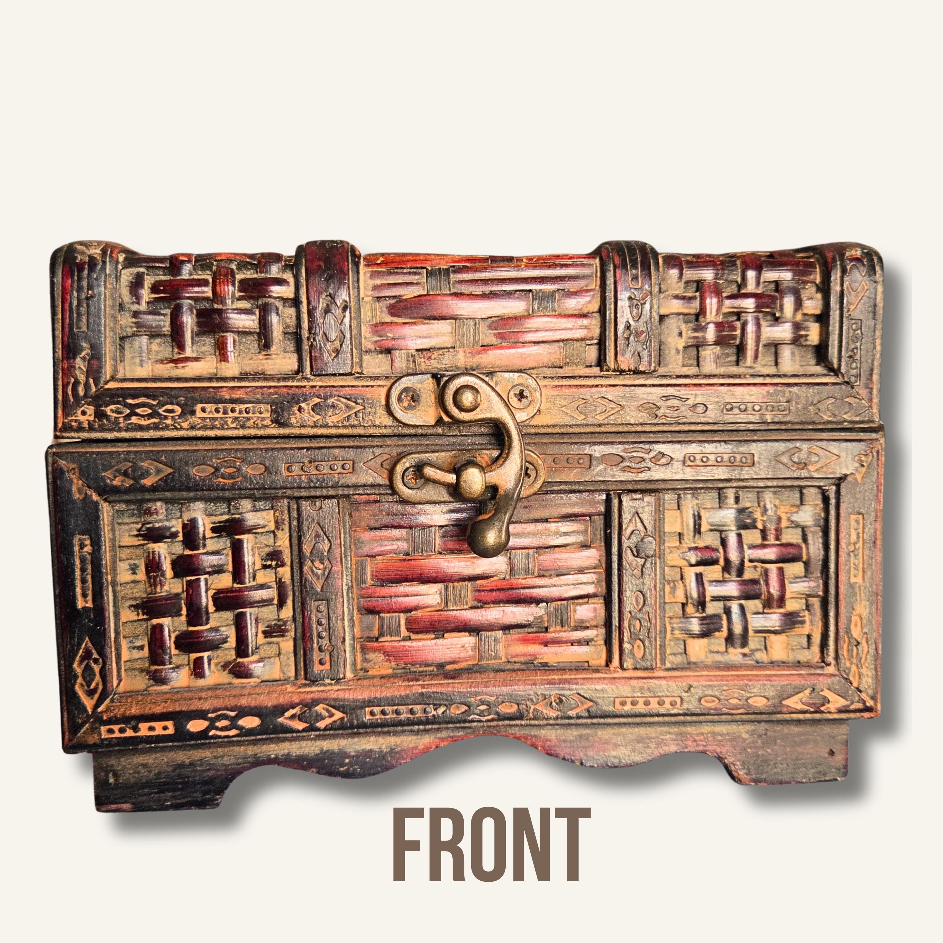 Boho Carved Wooden Keepsake Box: Rustic Trinket Storage, Small Decorative Jewelry Chest