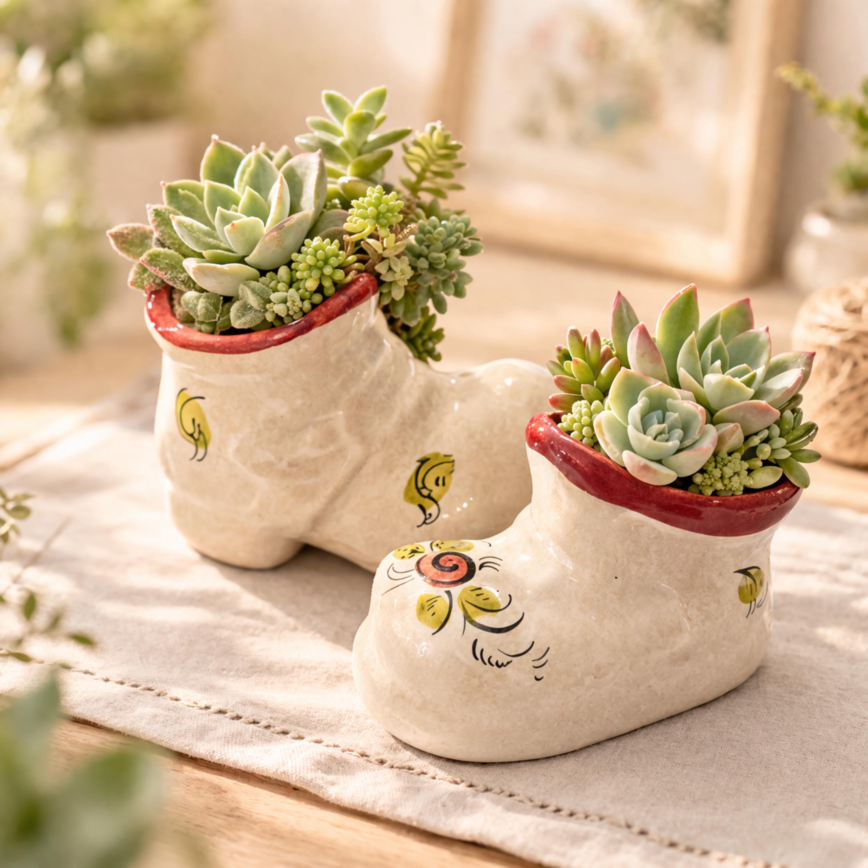 Vintage Ceramic Boot Planter Pair Japan Mid Century Cottagecore Cottage Vase Set Nursery Decor