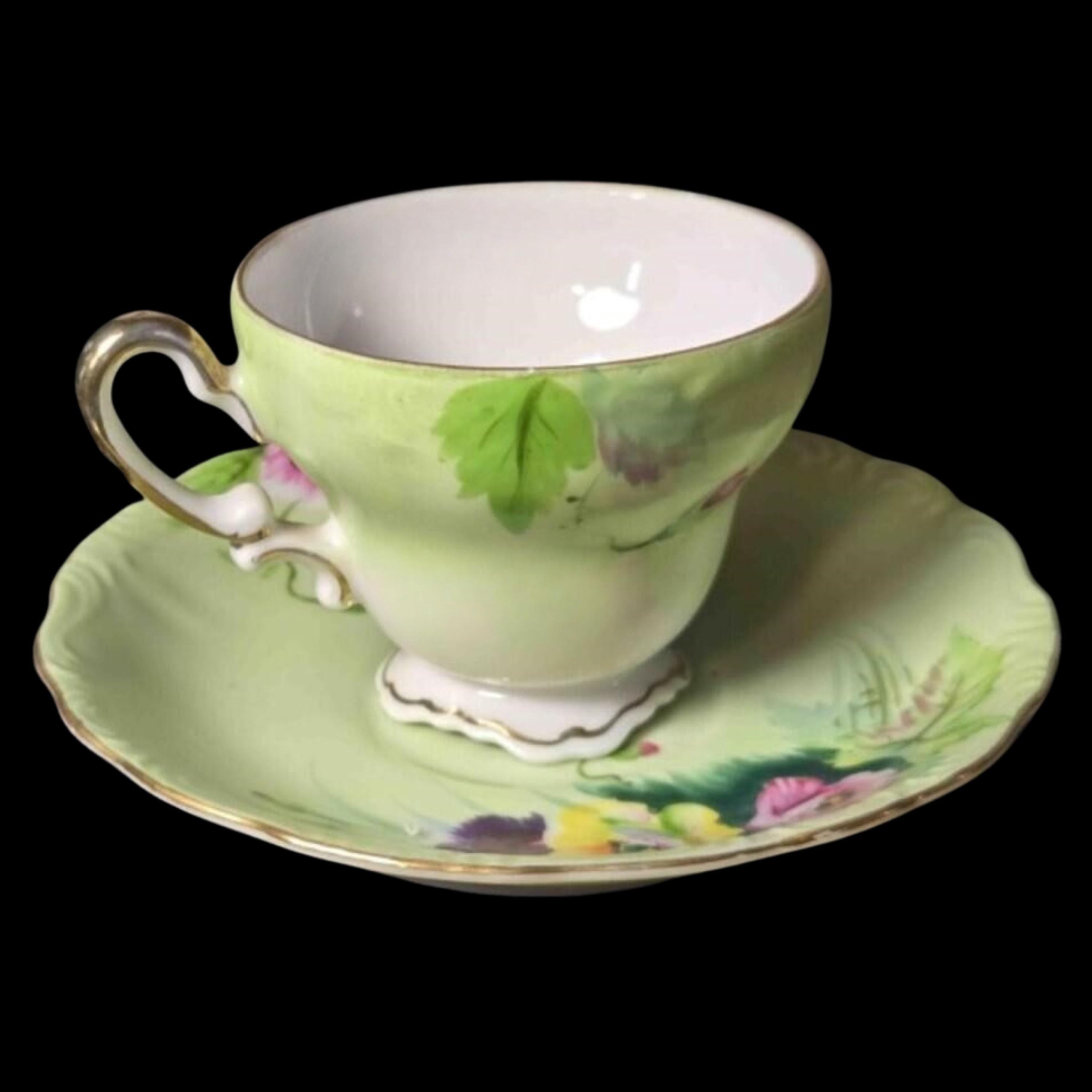 Vintage Japan Hand Painted Floral Teacup and Saucer Green Gold Trim Tea Set
