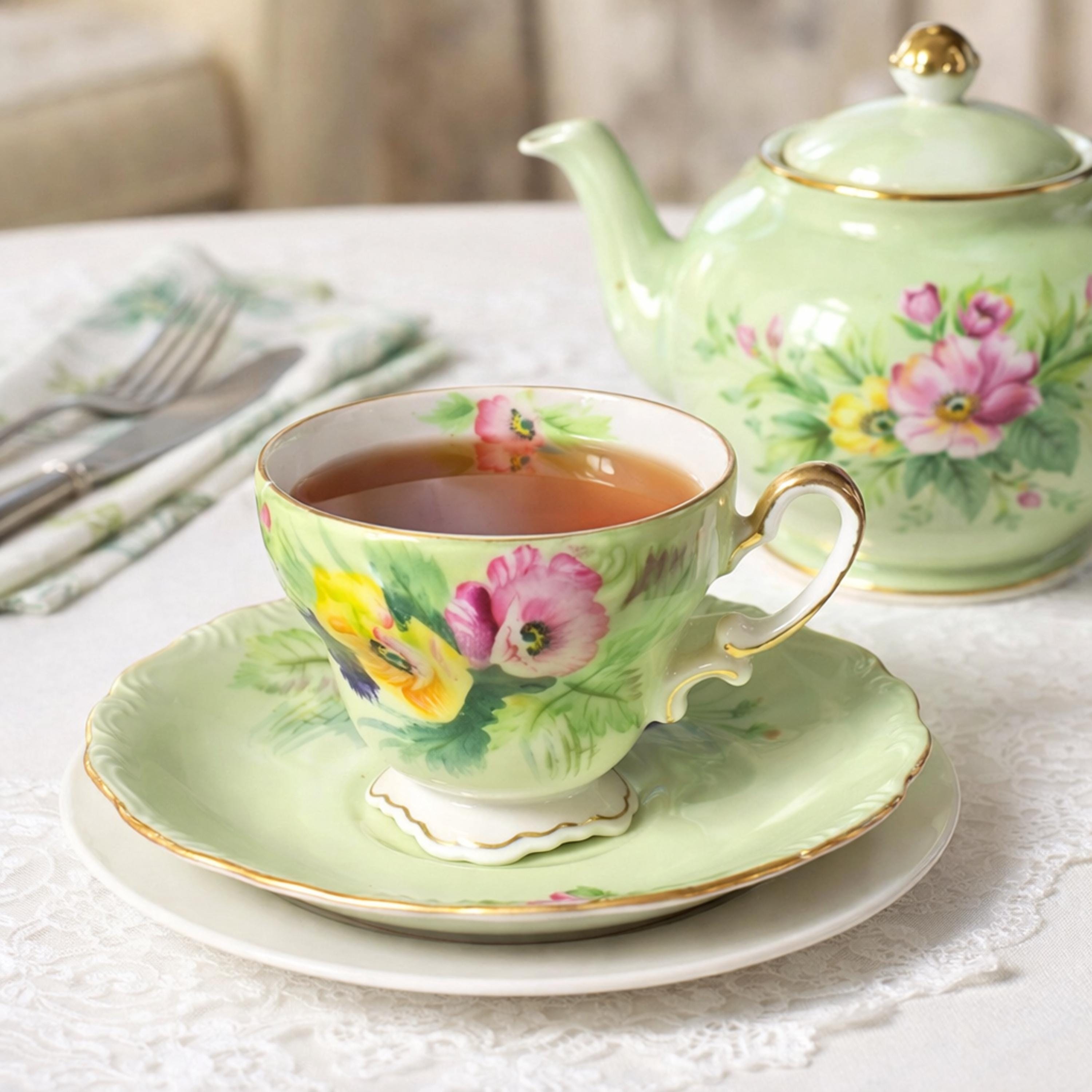 Vintage Japan Hand Painted Floral Teacup and Saucer Green Gold Trim Tea Set
