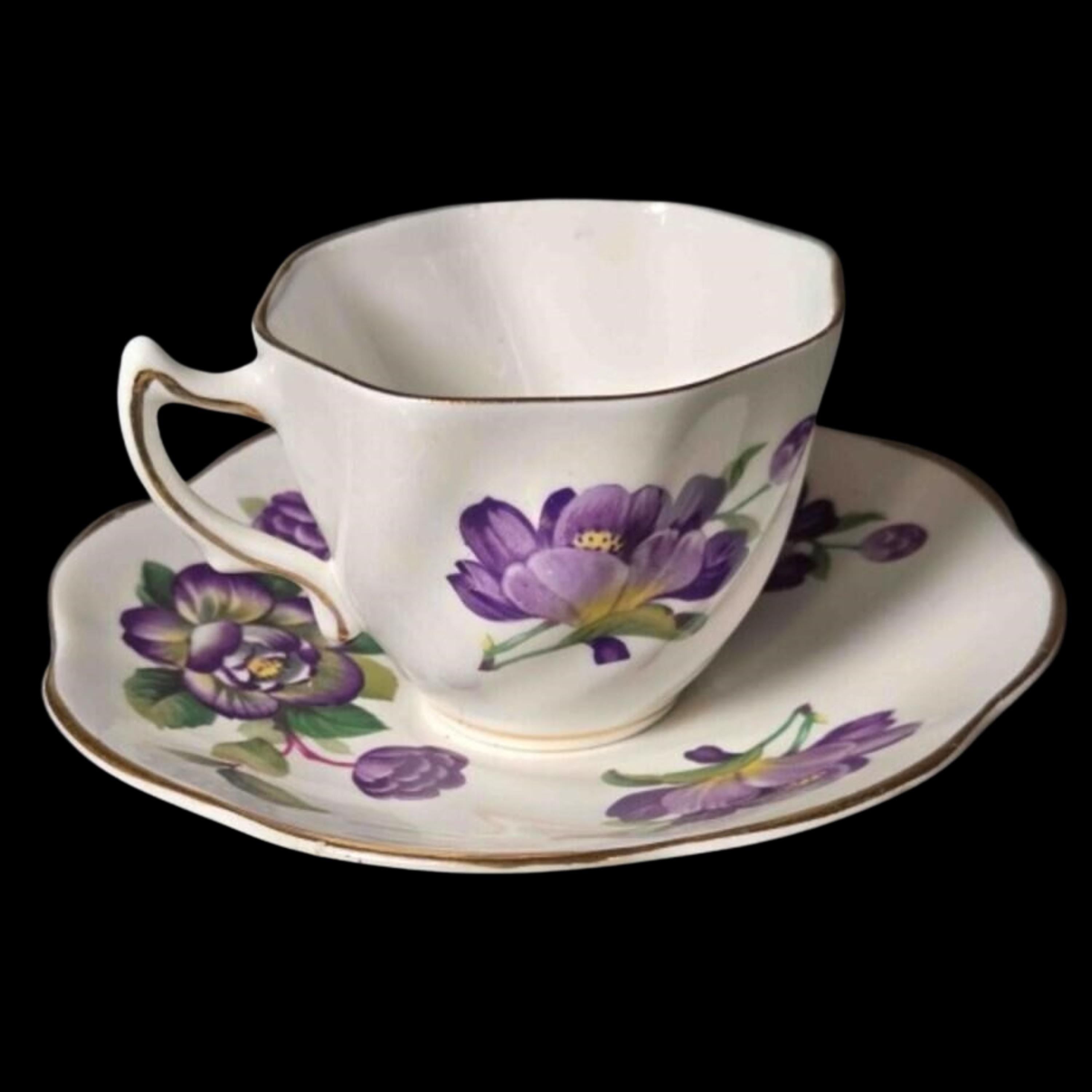 Demitasse Rosina Teacup and Saucer Purple Floral Bone China England Vintage Gold Trim
