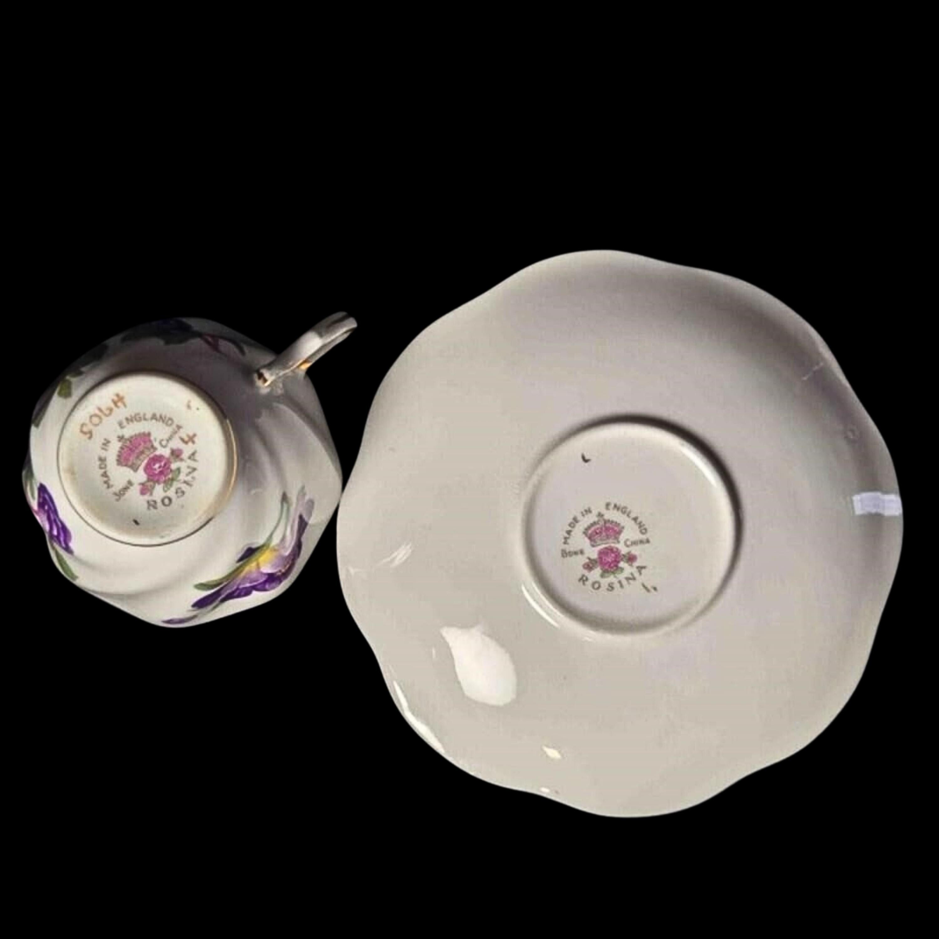 Demitasse Rosina Teacup and Saucer Purple Floral Bone China England Vintage Gold Trim