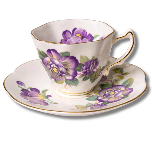Demitasse Rosina Teacup and Saucer Purple Floral Bone China England Vintage Gold Trim