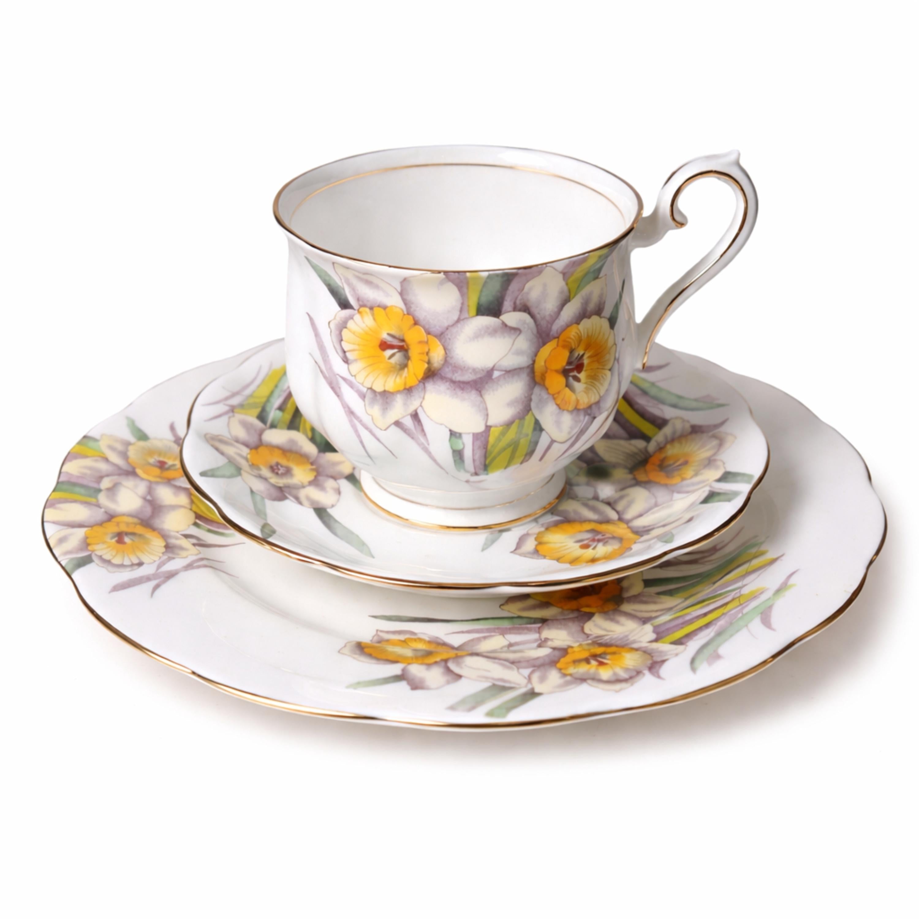 Royal Albert Vintage Teacup Bone China Cup Saucer Plate Set: Daffodil Pattern