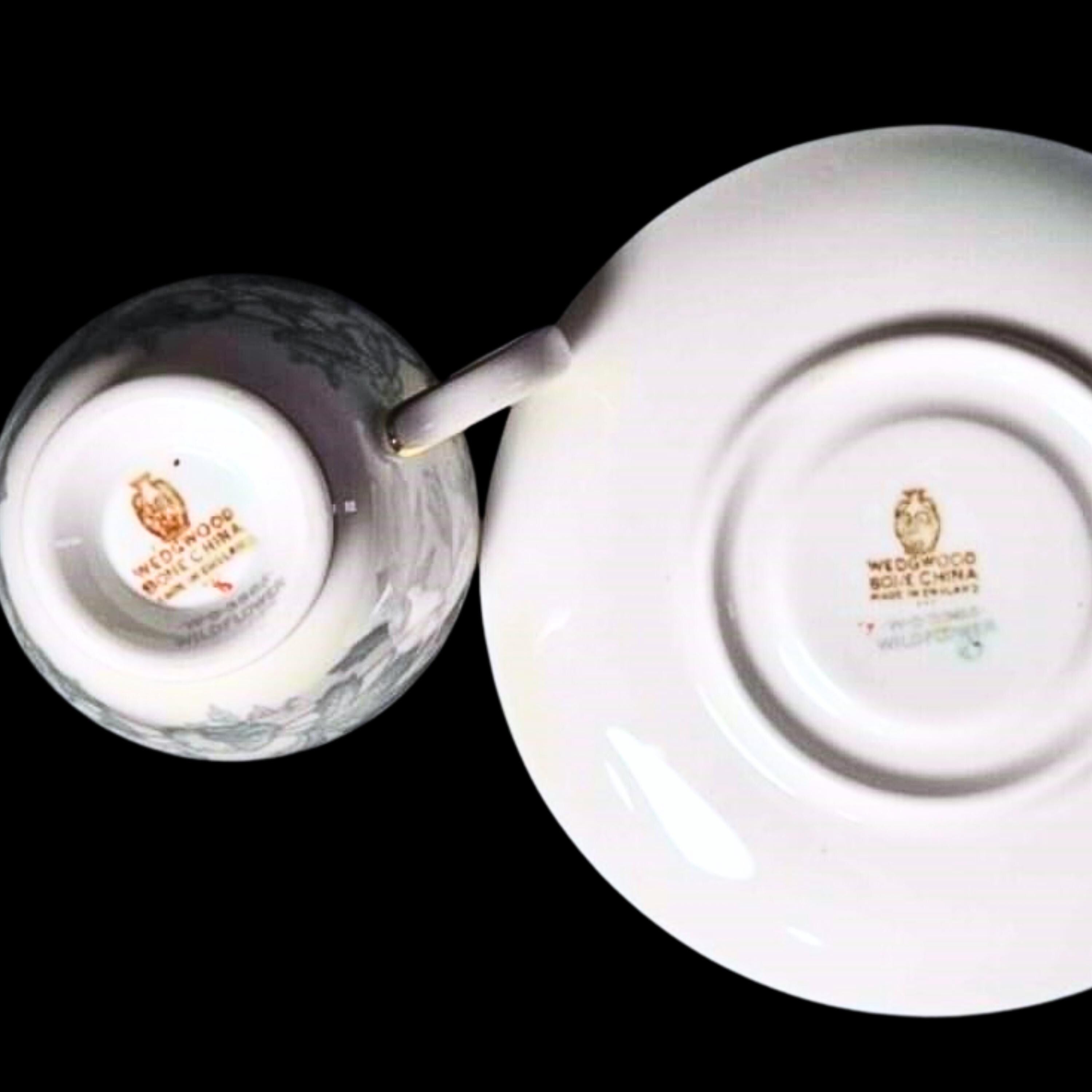 Vintage Demitasse Espresso Cup Saucer Wedgwood Wildflower Bone China England Gold Trim Grey Floral