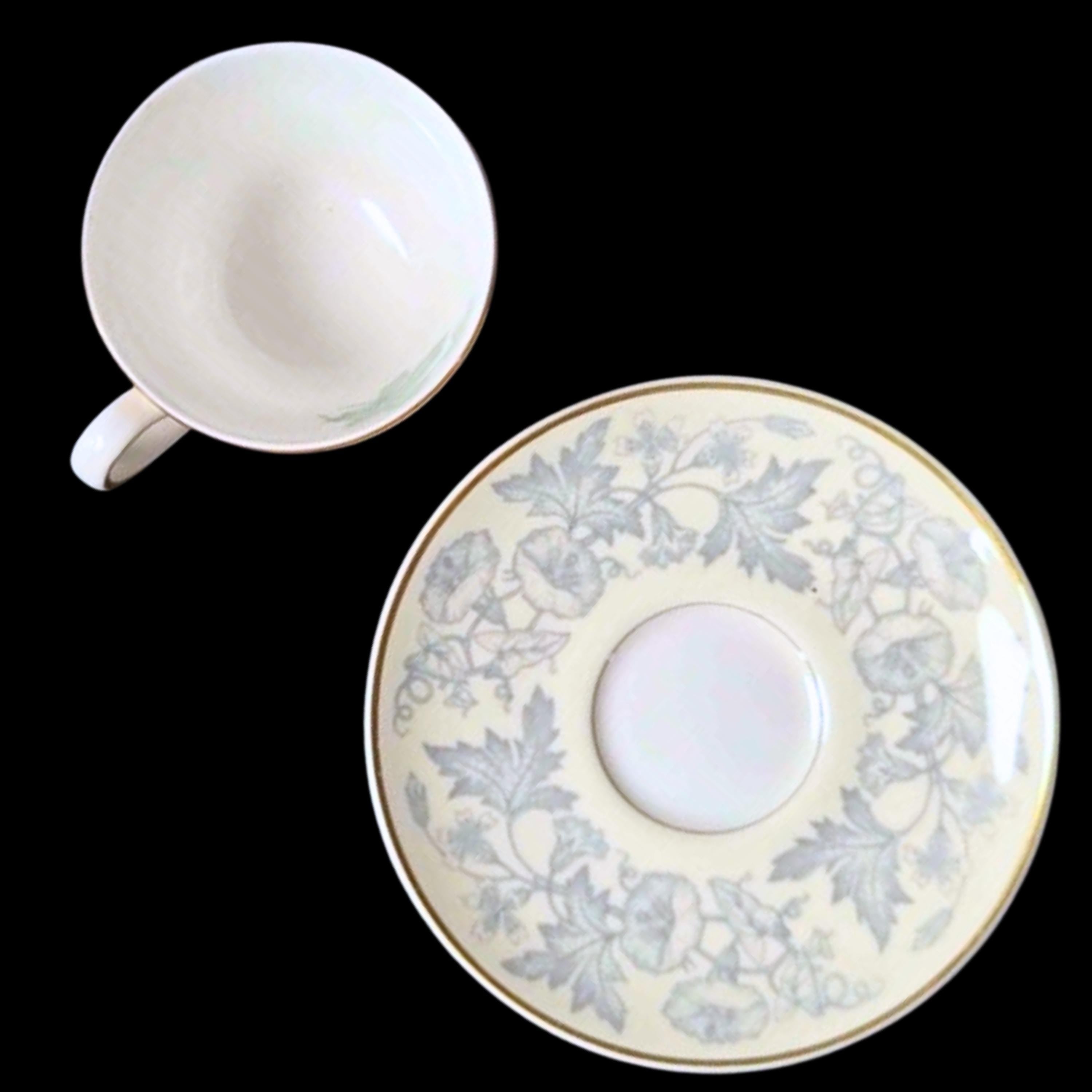 Vintage Demitasse Espresso Cup Saucer Wedgwood Wildflower Bone China England Gold Trim Grey Floral