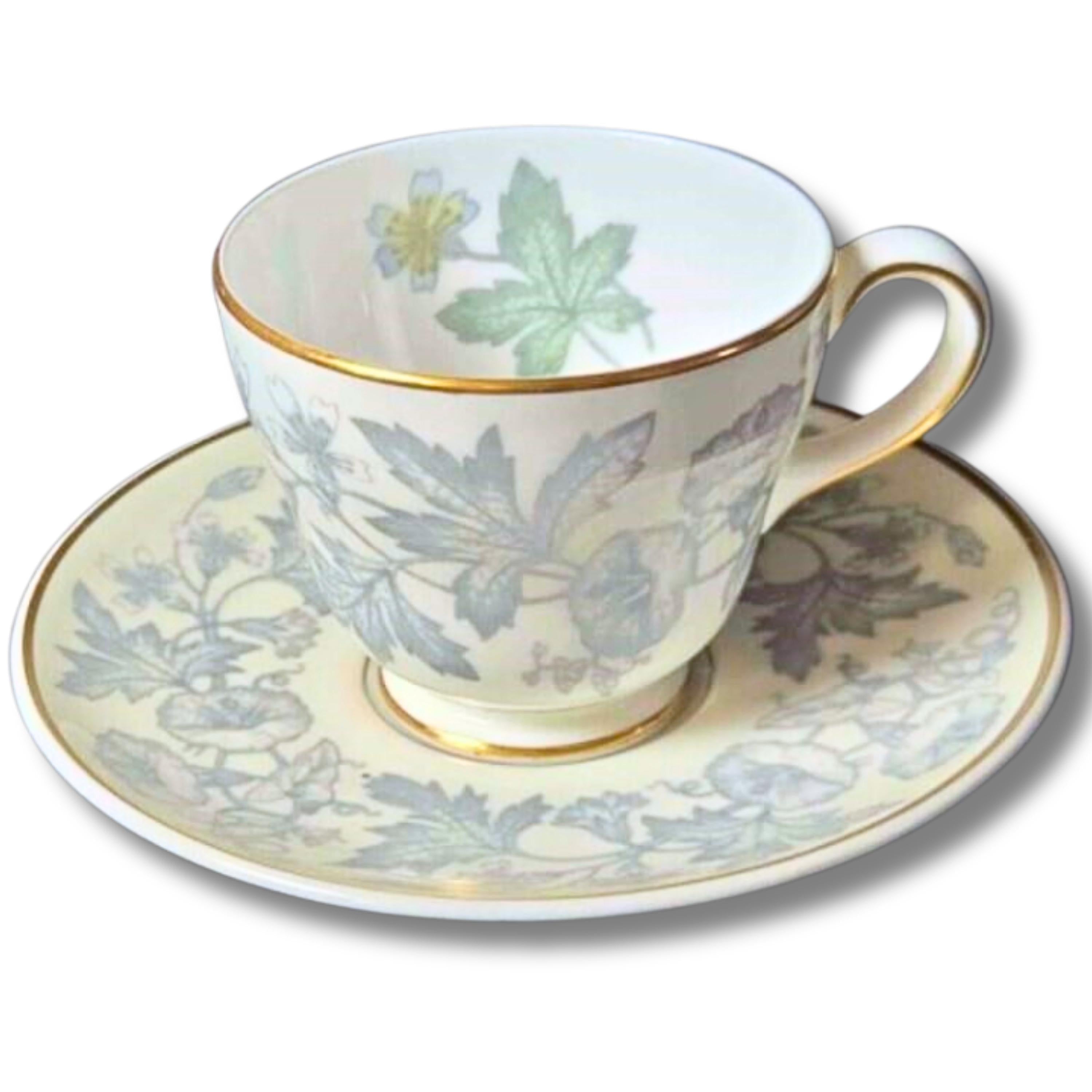 Vintage Demitasse Espresso Cup Saucer Wedgwood Wildflower Bone China England Gold Trim Grey Floral