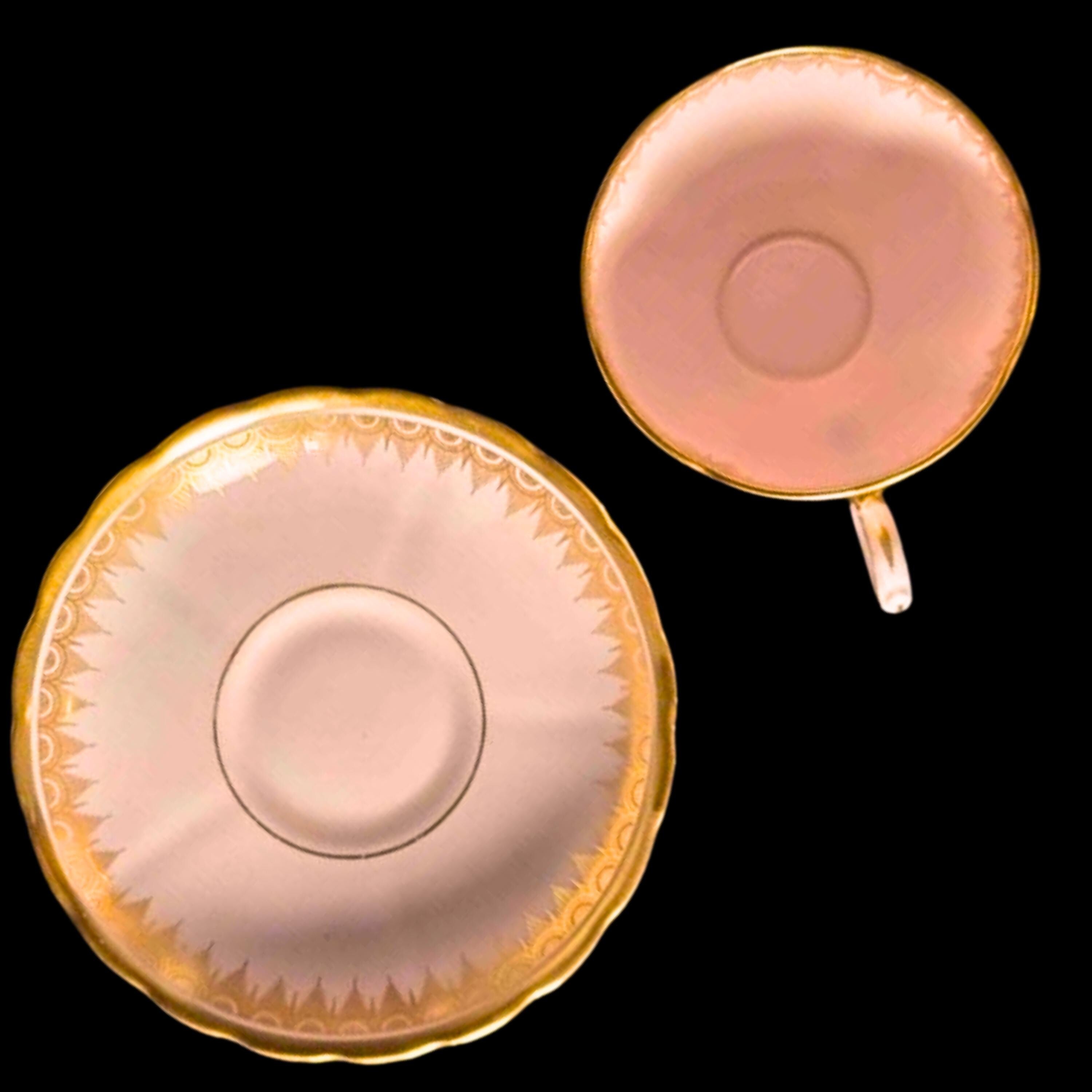 Tuscan Plant Teacup & Saucer: Pink with Gold Festoon Border, Pattern 7660 II, England 1940s