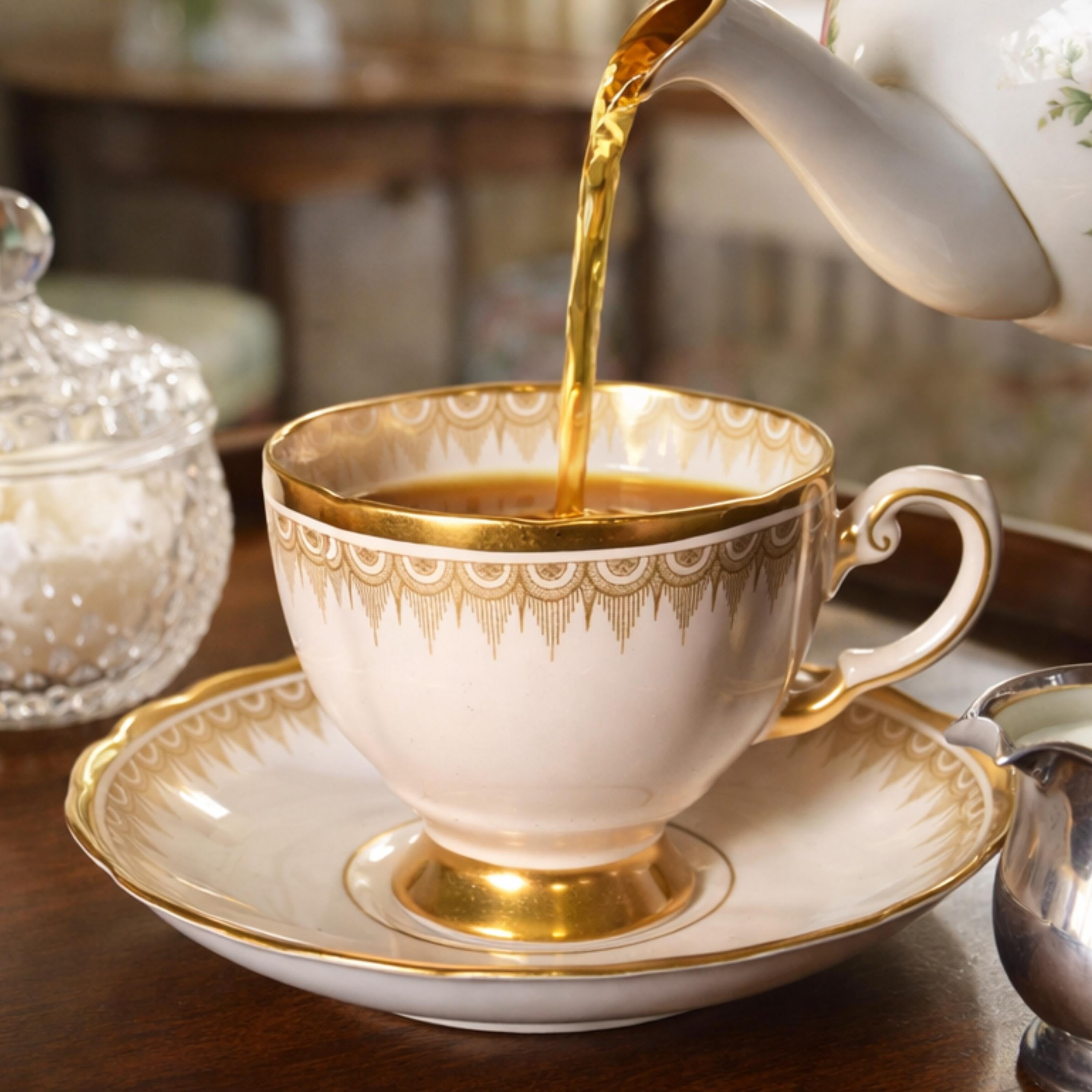 Tuscan Plant Teacup & Saucer: Pink with Gold Festoon Border, Pattern 7660 II, England 1940s