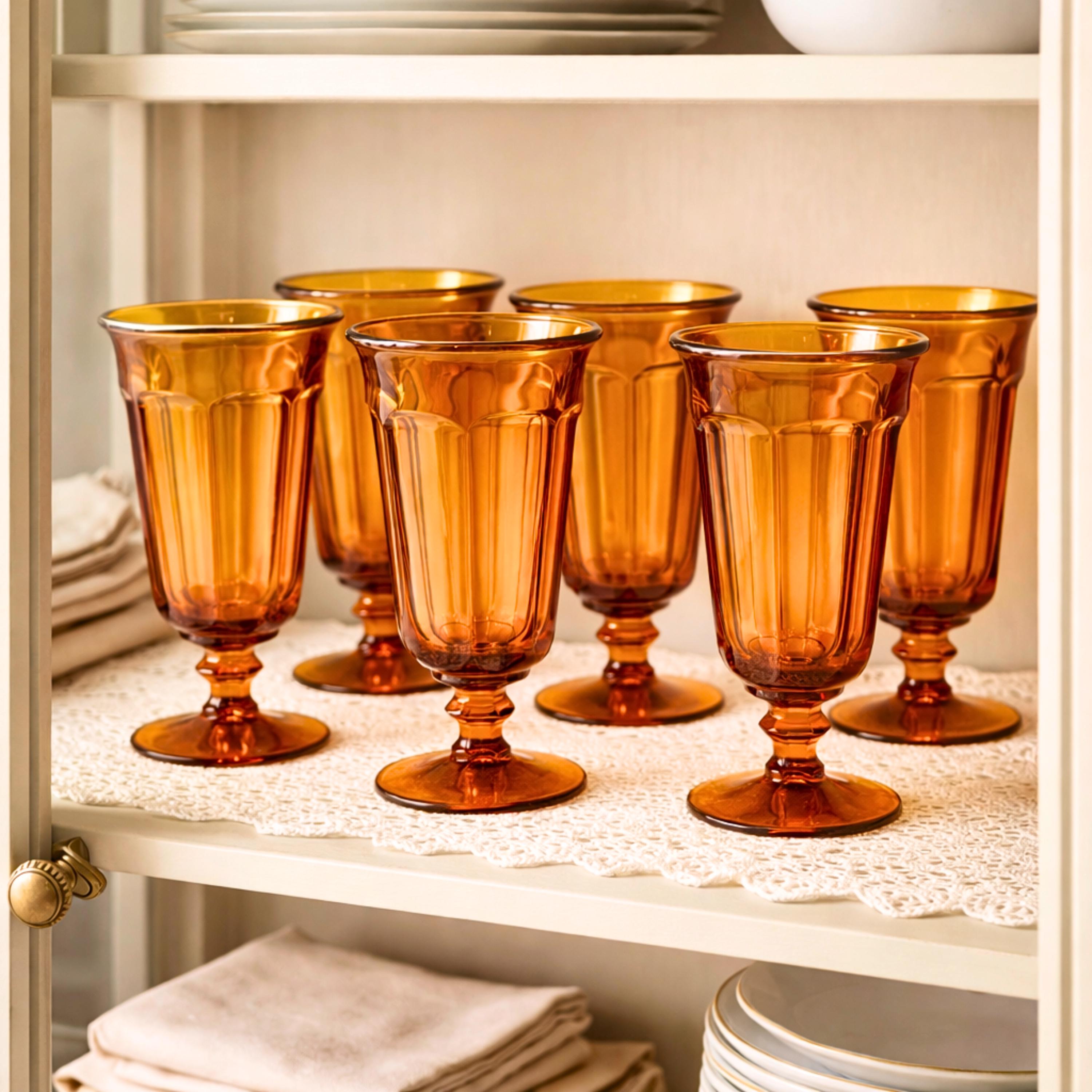 Vintage Amber Goblets Set of 6, Old Williamsburg Glass, 7" Parfait Glasses, Mid-Century Decor