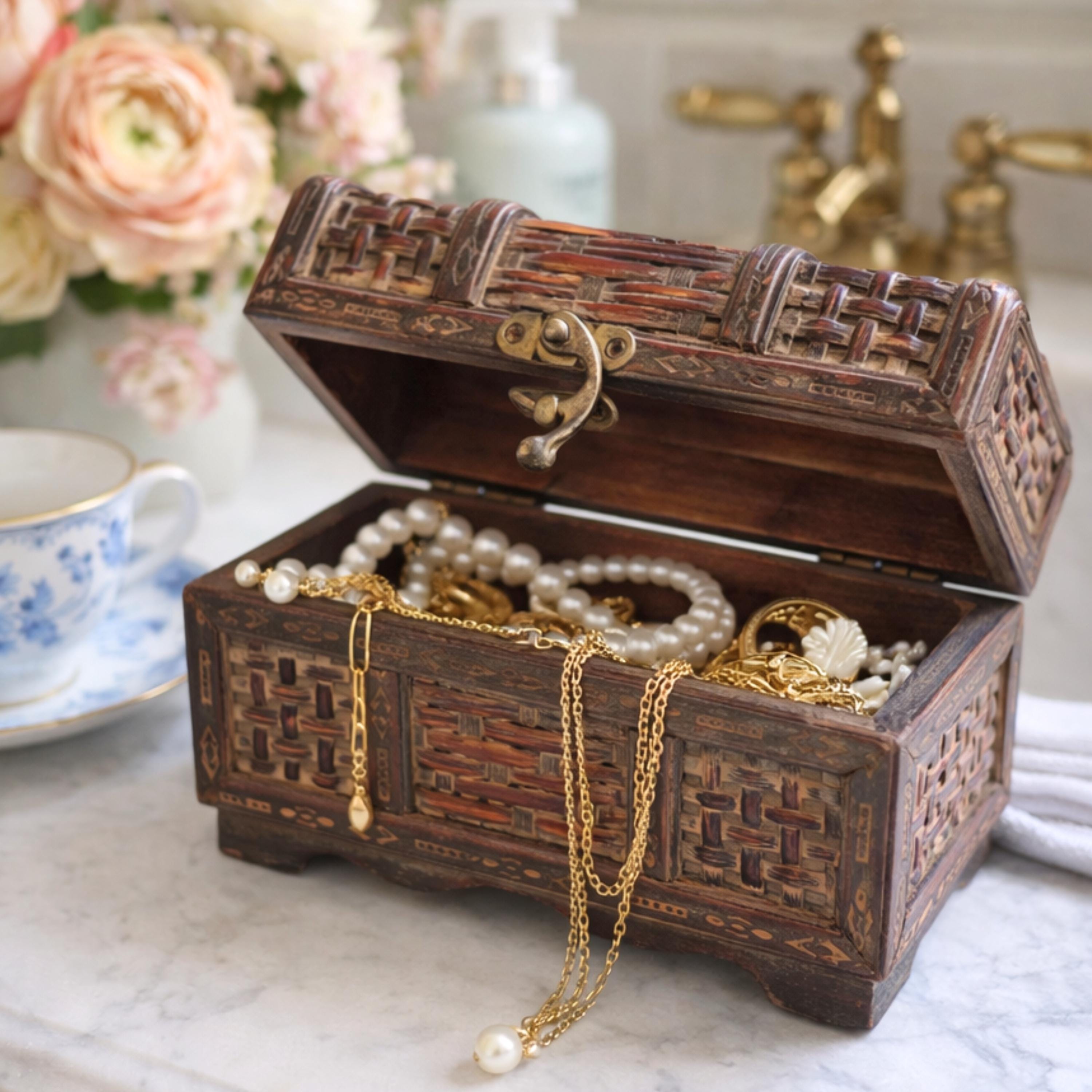 Boho Carved Wooden Keepsake Box: Rustic Trinket Storage, Small Decorative Jewelry Chest
