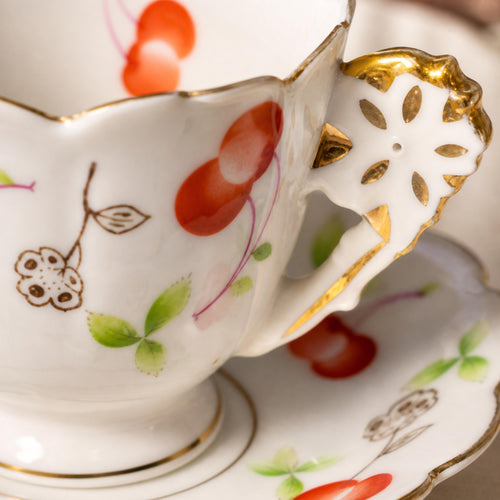 Cherry Demitasse Cup Saucer Vintage Small Teacup Gold Handle Cottagecore Decor