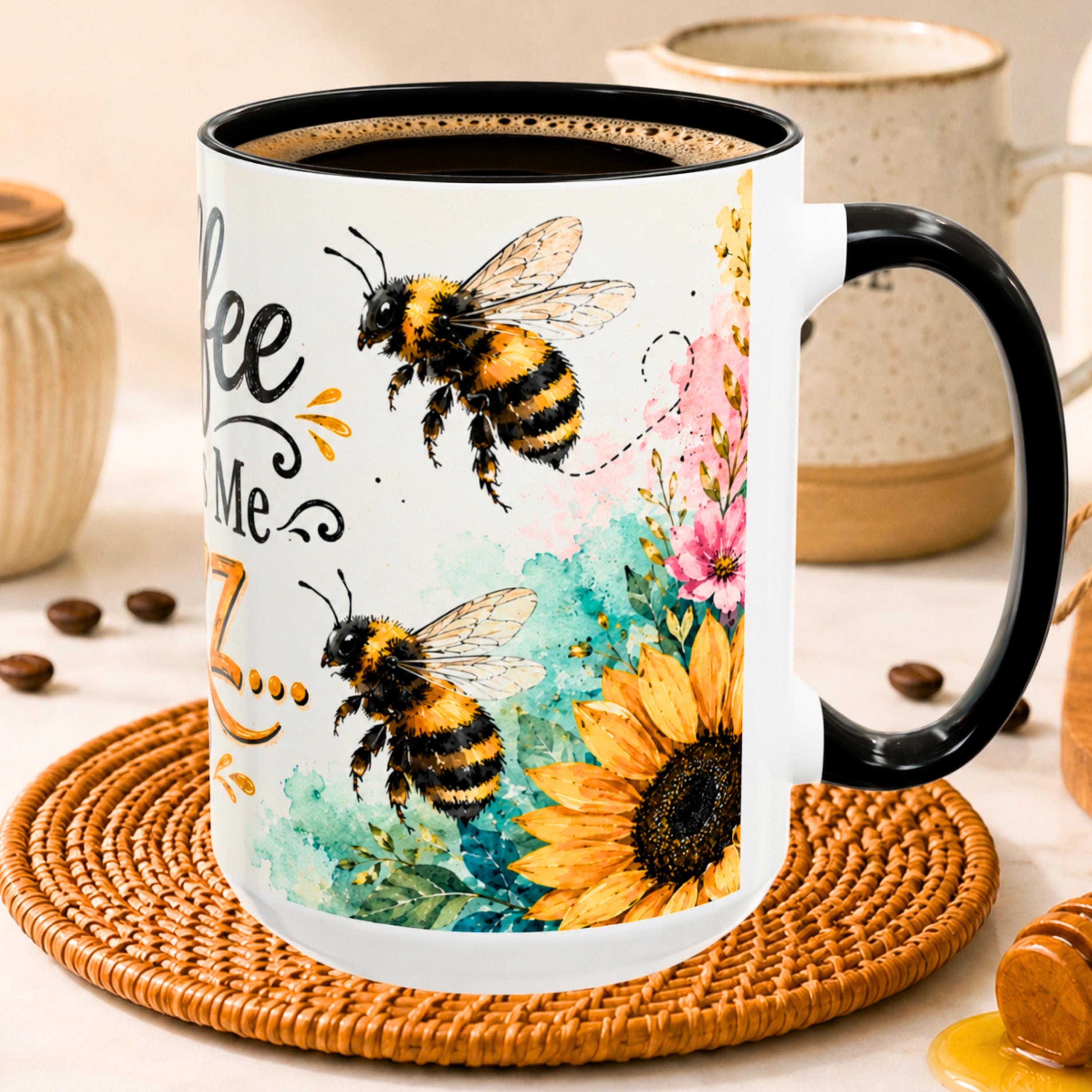 Bee Sunflower Watercolor Coffee Mug, Cottagecore Farmhouse Drinkware