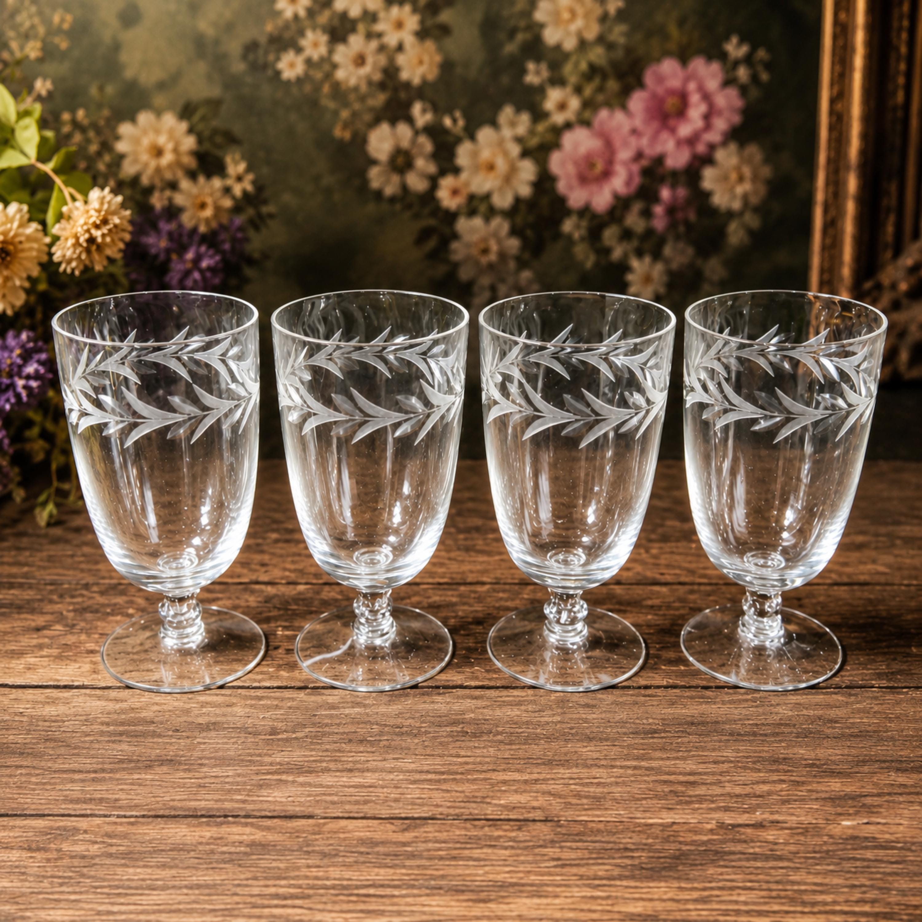 Fostoria Holly Vintage Crystal Small Juice Glasses Set of 4 Etched Clear Goblets 5oz