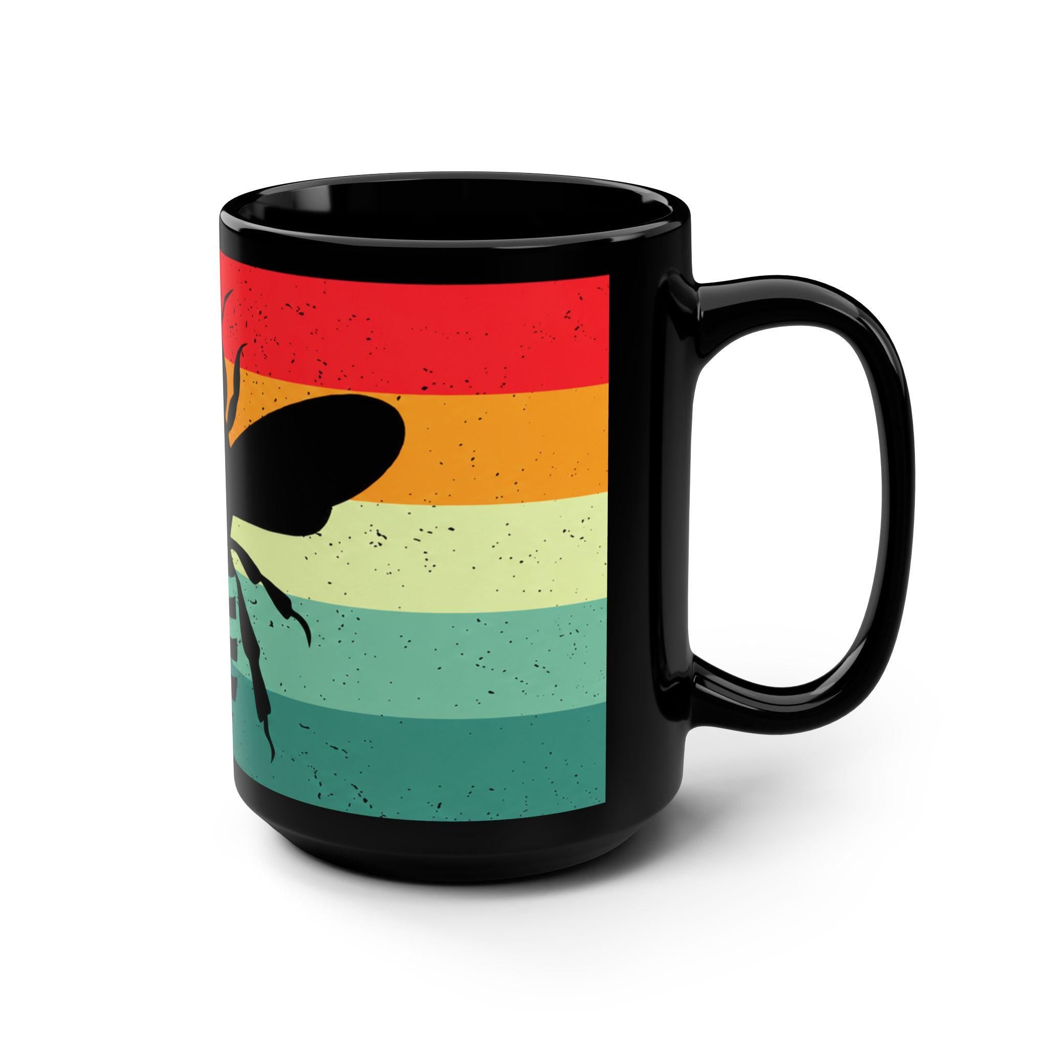 Retro Bee Silhouette Mug, 15oz Black Ceramic Coffee Cup, Vintage Stripes, Gift for Men