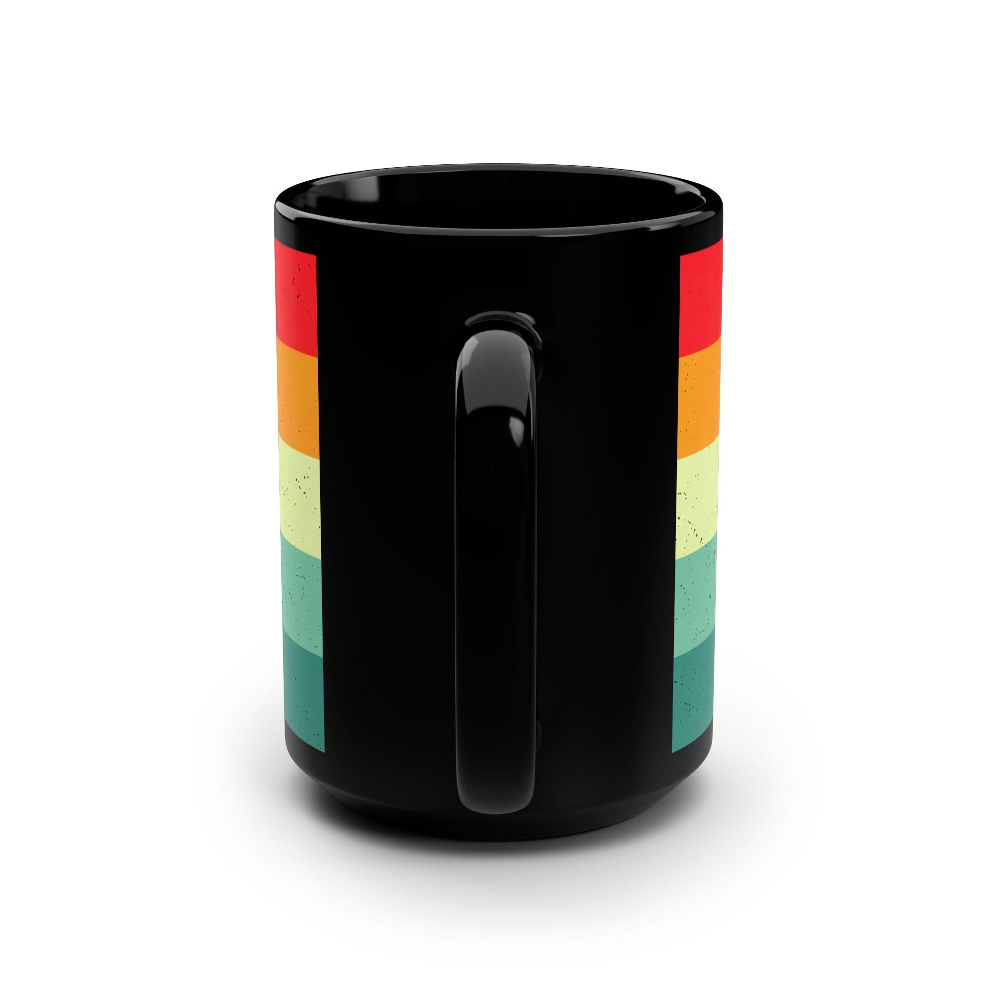 Retro Bee Silhouette Mug, 15oz Black Ceramic Coffee Cup, Vintage Stripes, Gift for Men