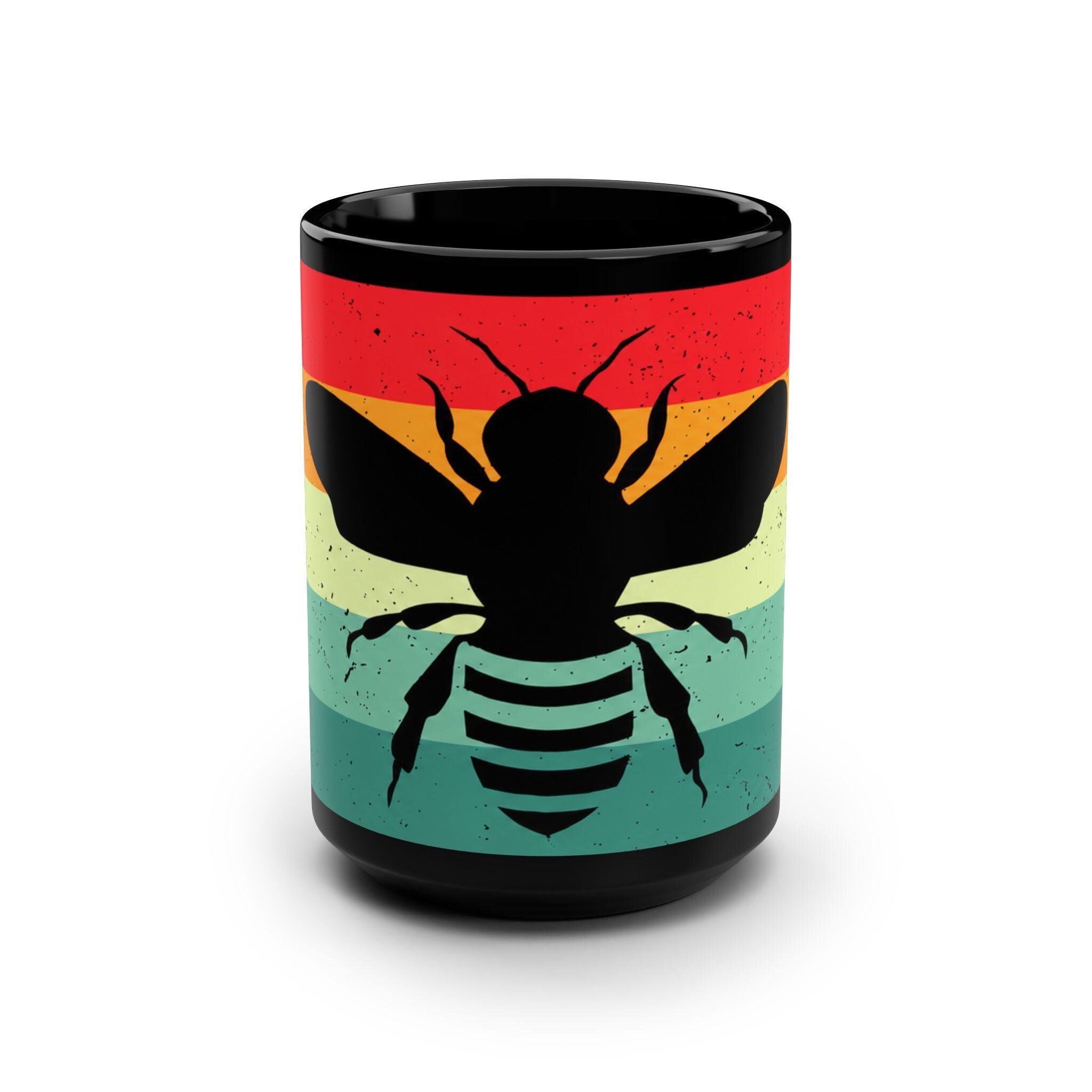 Retro Bee Silhouette Mug, 15oz Black Ceramic Coffee Cup, Vintage Stripes, Gift for Men