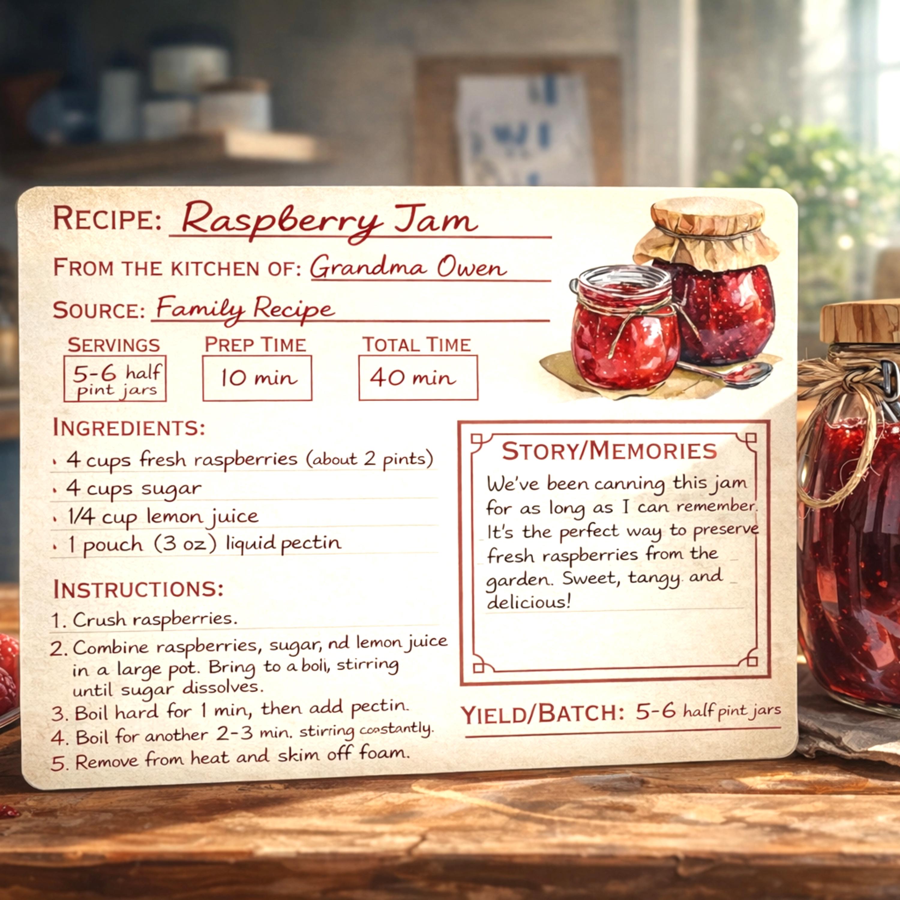 Raspberry Jam Recipe Cards: Farmhouse Style, Vintage Kitchen Decor, Canning Notes