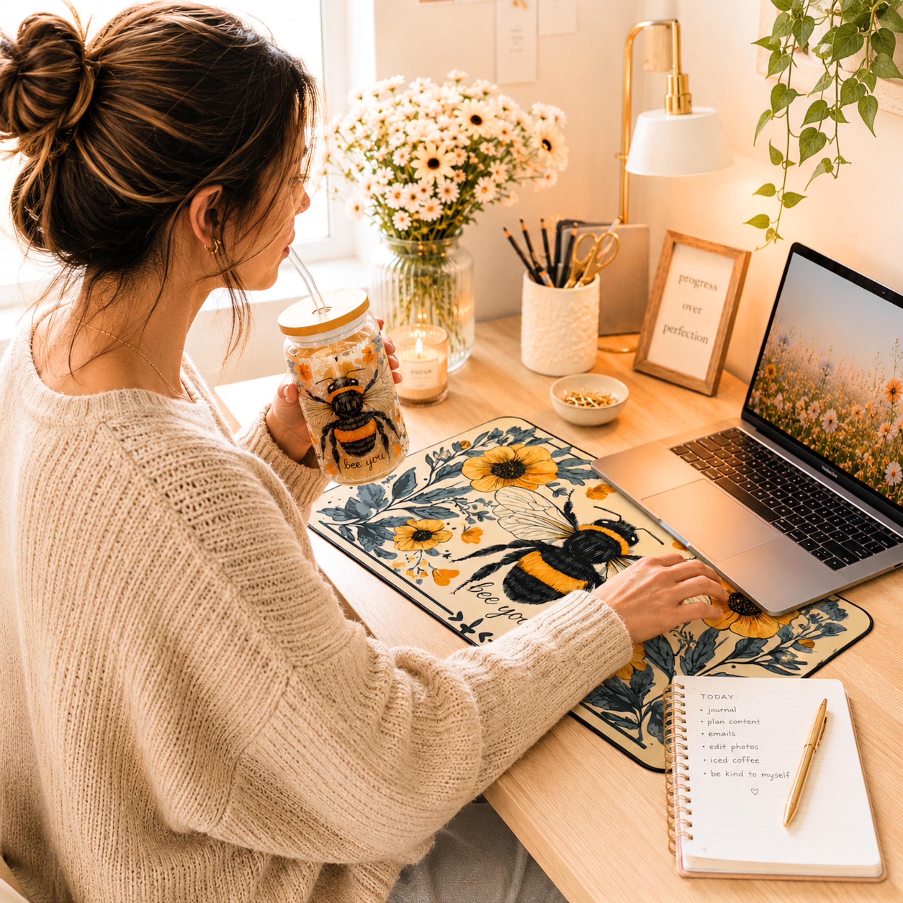Bee You Botanical Desk Mat Mouse Pad, Floral Home Office Decor, Cottagecore Workspace